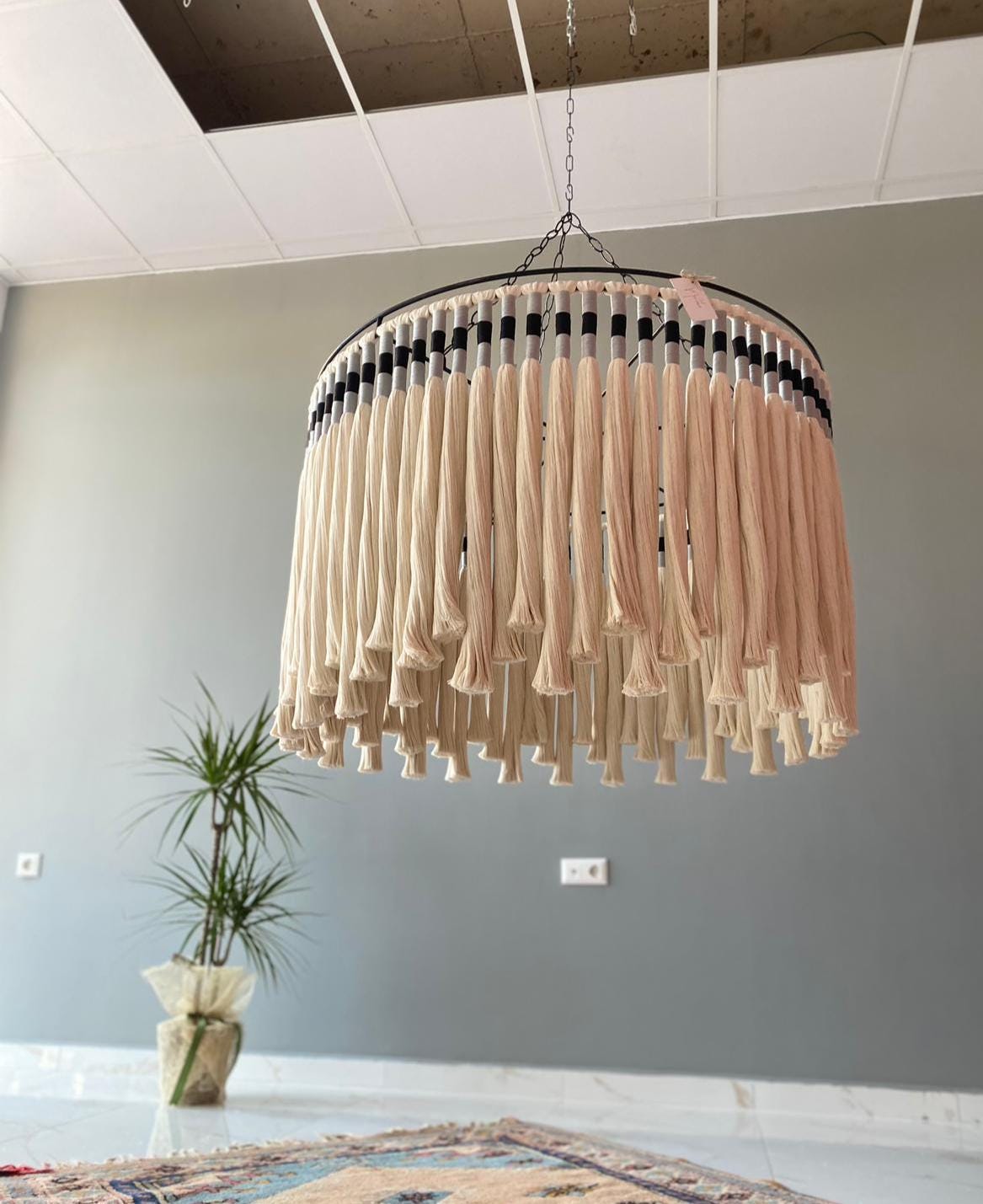 Cotton Tassel Pendant Light, Bohemian Light, Modern Macrame Chandelier, Nursery Lampshade, Modern Boho Decor, Living Room Chandelier,