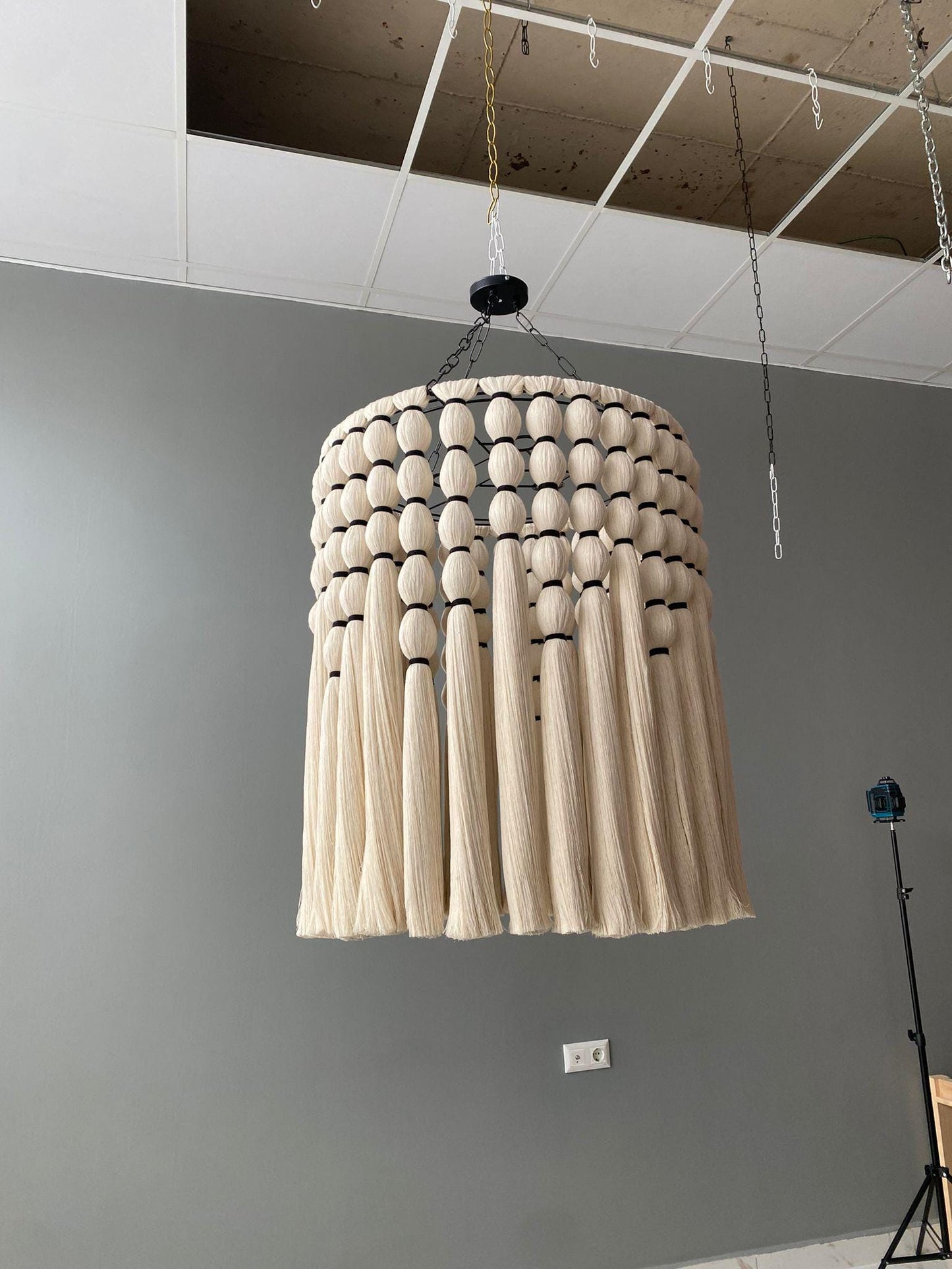 Cotton Tassel Chandelier, Boho Fringe Pendant Lamp, Living Room Lampshade, Unique Ceiling Lamp, Tapestry Design Chandelier.