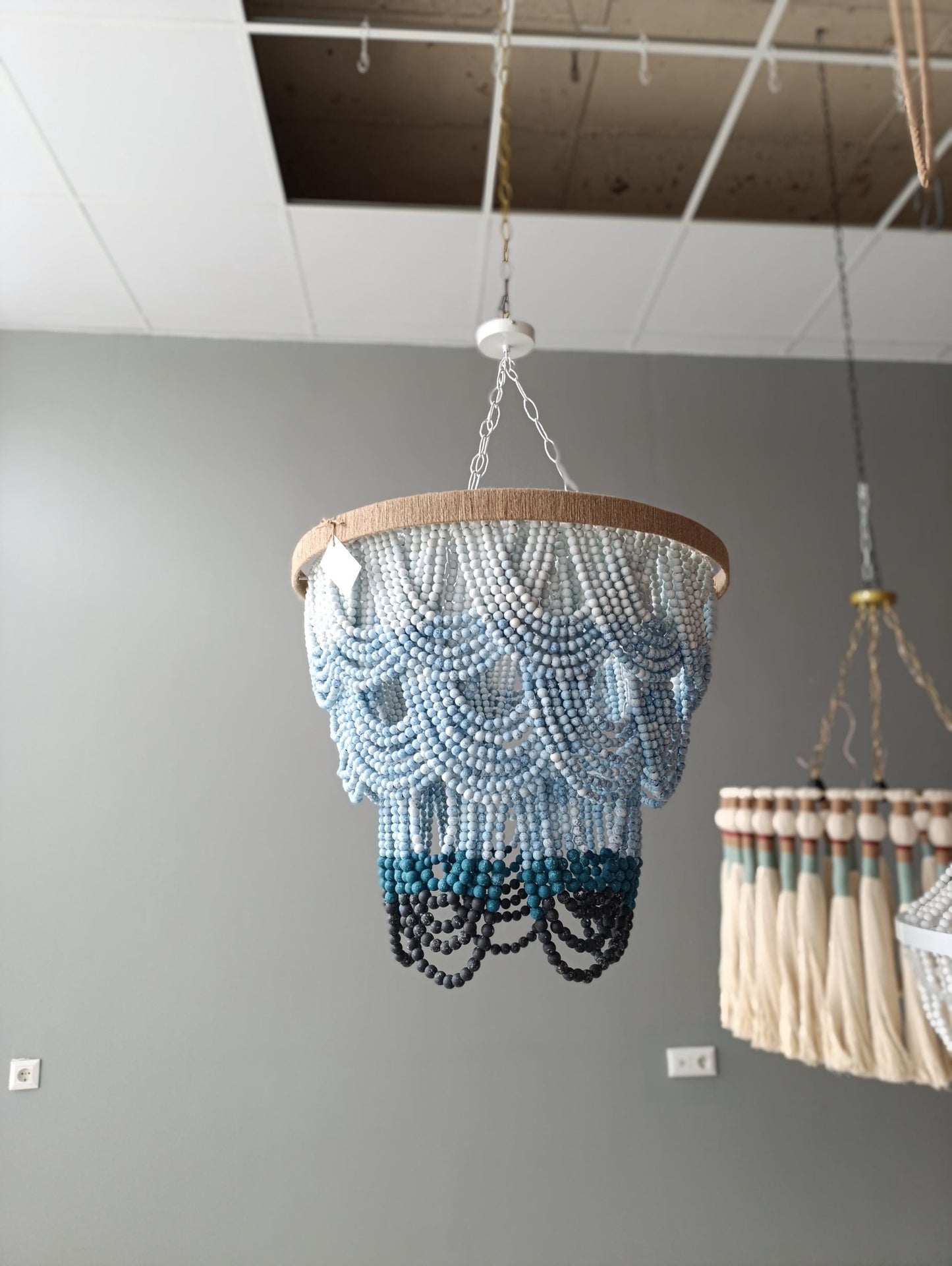 Blue Ombre Beaded Chandelier, Beaded Chandelier, Boho Lighting, Wooden Lampshade, Nursery Lampshade, Hallowen Gift, Beach House Light,