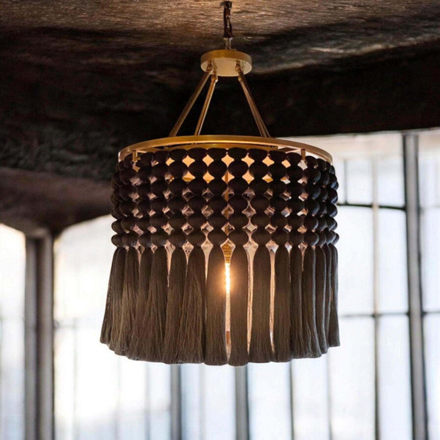 Large Macrame Chandelier, Rustic Boho Black Ceiling Light for Modern Homes, Cotton Tassel Lighting, , Woven Pendant Light, Boho Lighting