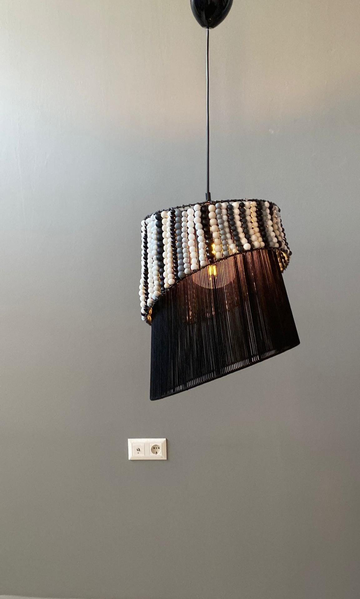 Handmade Asymmetrical Beaded Pendant Light - Modern Black Boho Chandelier, Boho Modern Chandelier, Artistic Fringed Pendant Lighting,