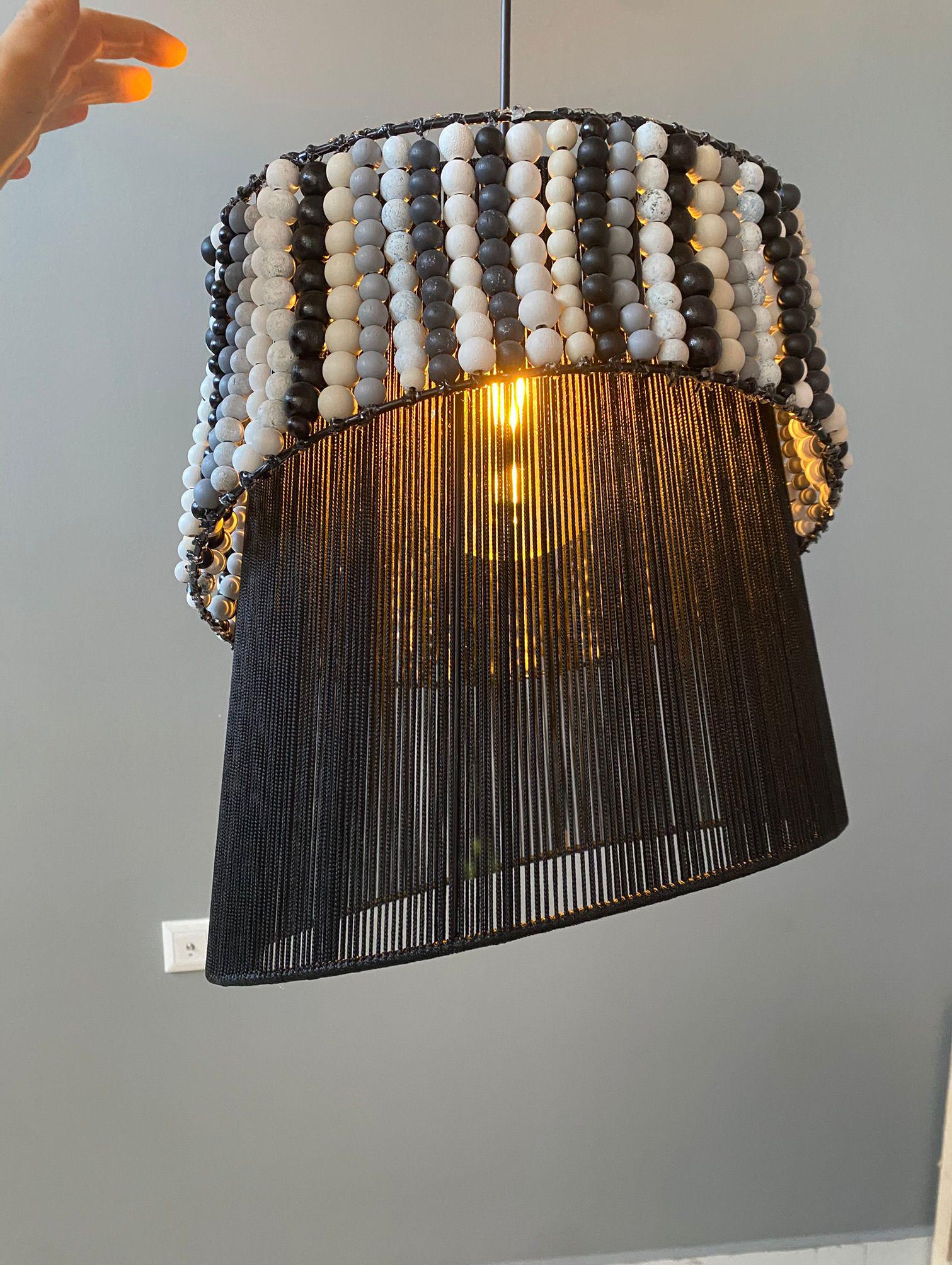 Handmade Asymmetrical Beaded Pendant Light - Modern Black Boho Chandelier, Boho Modern Chandelier, Artistic Fringed Pendant Lighting,