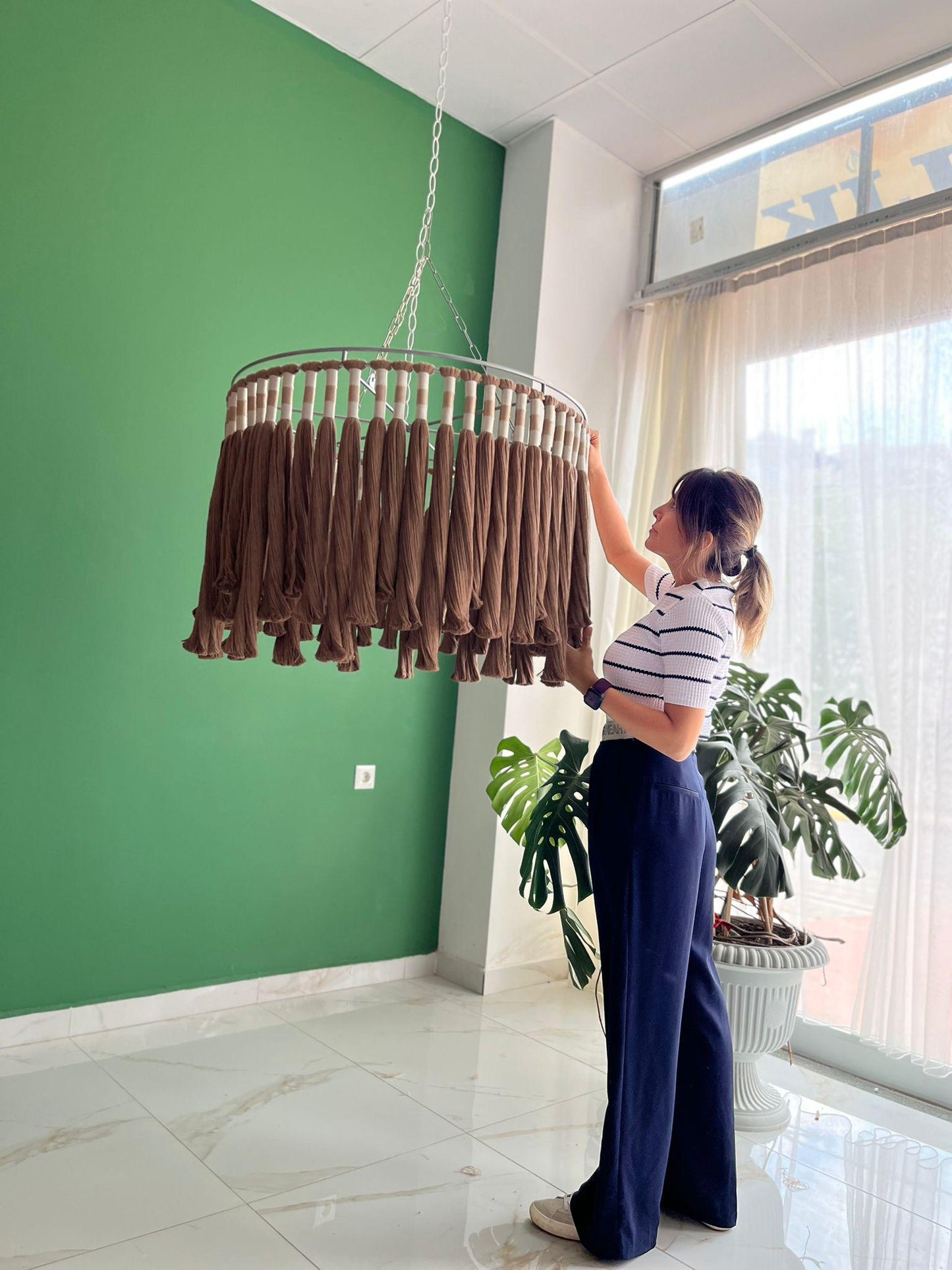 Cotton Tassel Chandelier, Boho Lighting, Macrame Chandelier, Boho Fringe Pendant Light, Nursery Lampshade, Living Room Lamp, Christmas Gift