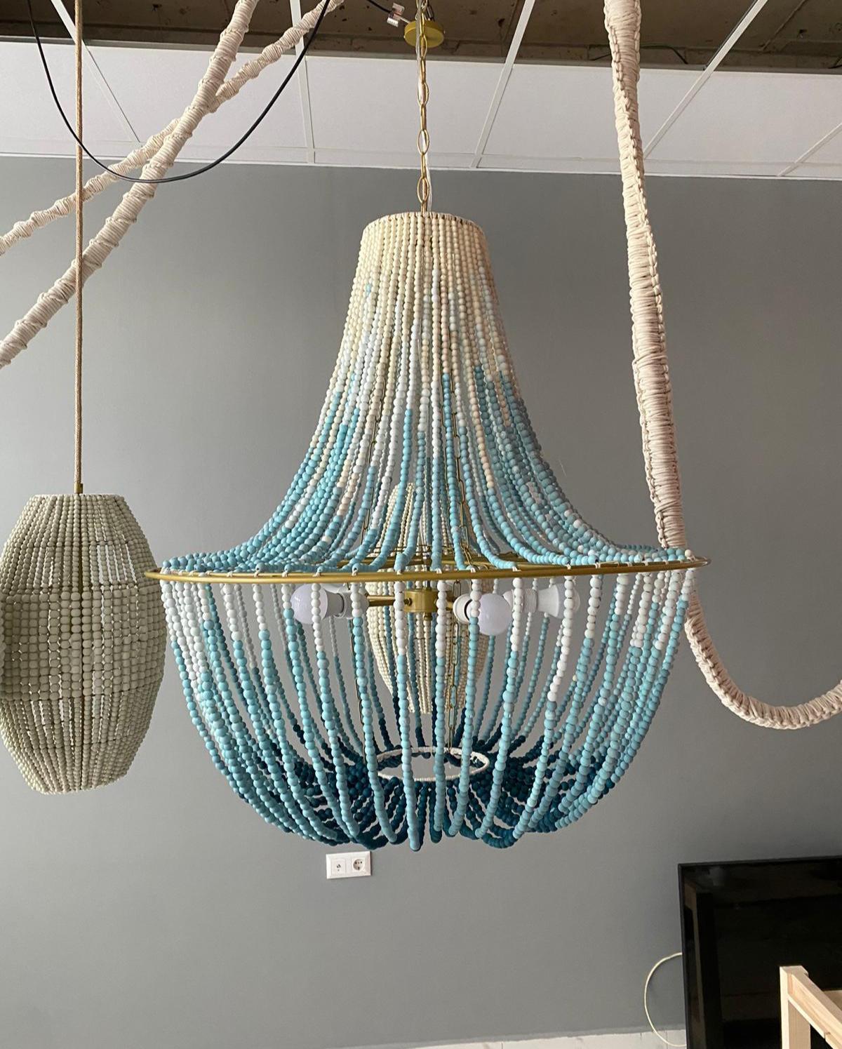 Blue Beaded Chandelier, Modern Dining Room Light, Boho Lighting, Beach House Light, Rustic Lampshade, Outdoor Light, Wedding Boho Light