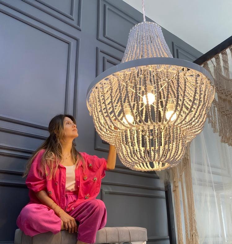 Beaded Chandelier, White Wood Bead Lİghting, Nordic Style Light, Rustic Chandelier, Nursery Lampshade, Unique Ceiling light, Wedding Decor