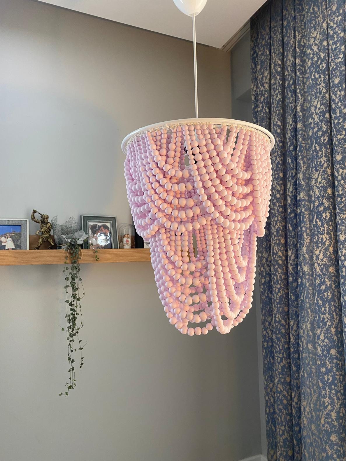 Pink or White Beaded Lighting, Wood Bead Chandelier, Rustic Pendant Light, Farmhouse Light, Nursery Lampshade, Beach House Light,