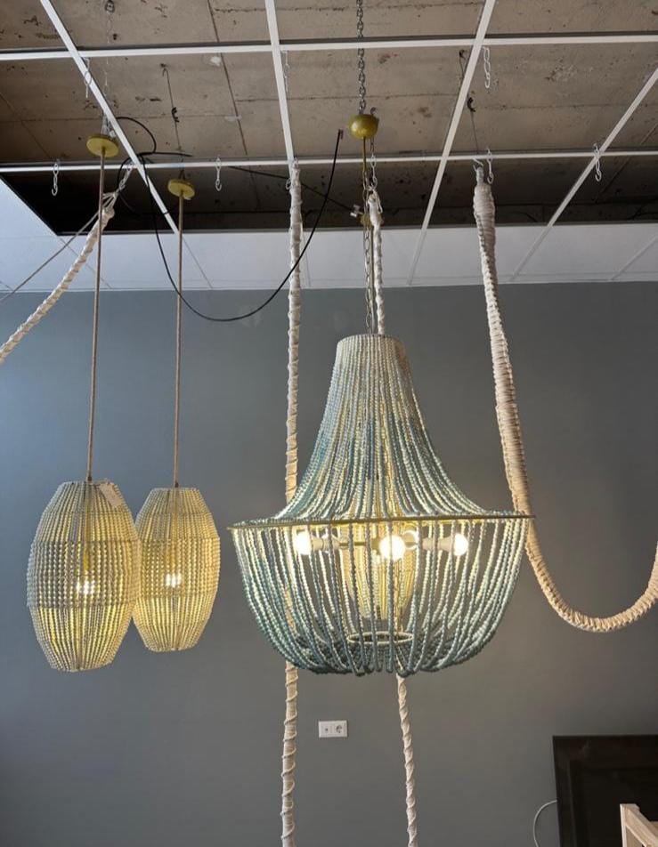 Blue Beaded Chandelier, Modern Dining Room Light, Boho Lighting, Beach House Light, Rustic Lampshade, Outdoor Light, Wedding Boho Light