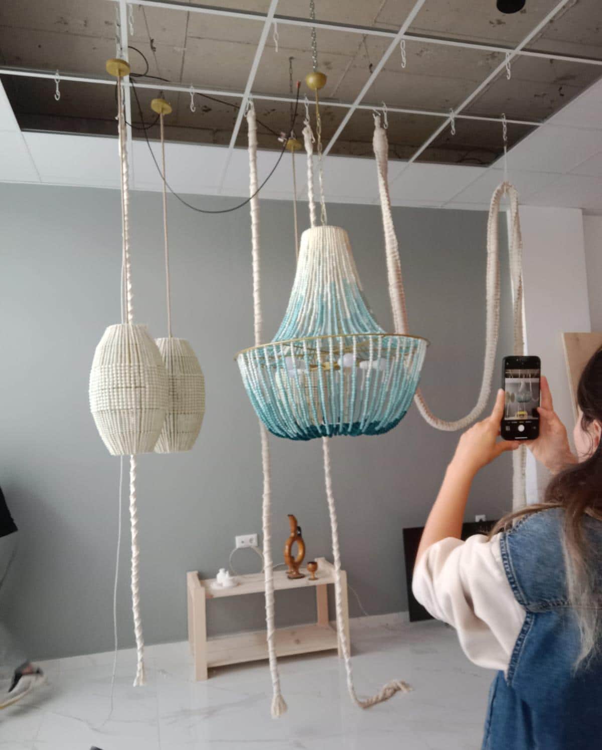 Blue Beaded Chandelier, Modern Dining Room Light, Boho Lighting, Beach House Light, Rustic Lampshade, Outdoor Light, Wedding Boho Light