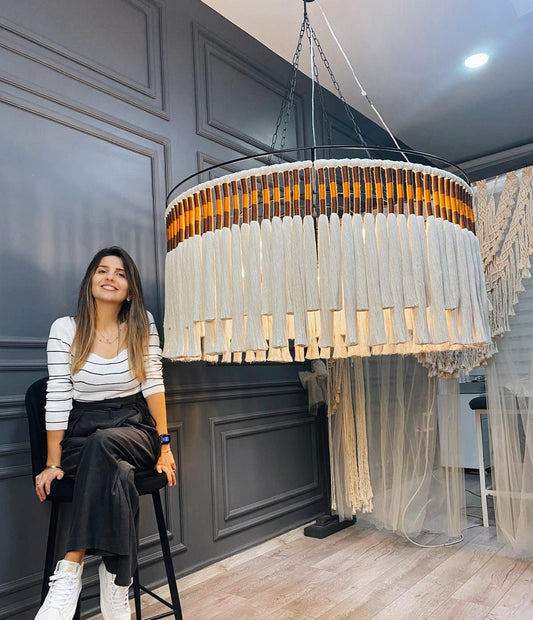 Large cotton macrame chandelier,, Diameter and colors are suitable for personalization. Ideal for the living room, it will add a bohemian and stylish atmosphere to the sitting area. Diameter 80 cm, height 65 cm. Works with 5 bulbs.