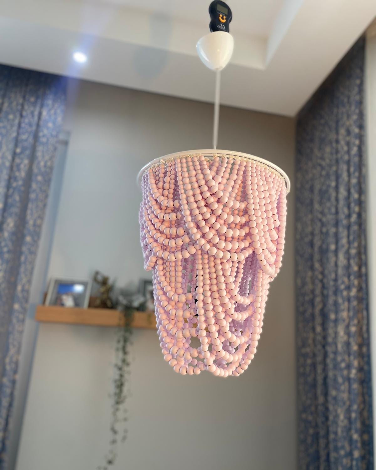 Pink or White Beaded Lighting, Wood Bead Chandelier, Rustic Pendant Light, Farmhouse Light, Nursery Lampshade, Beach House Light,