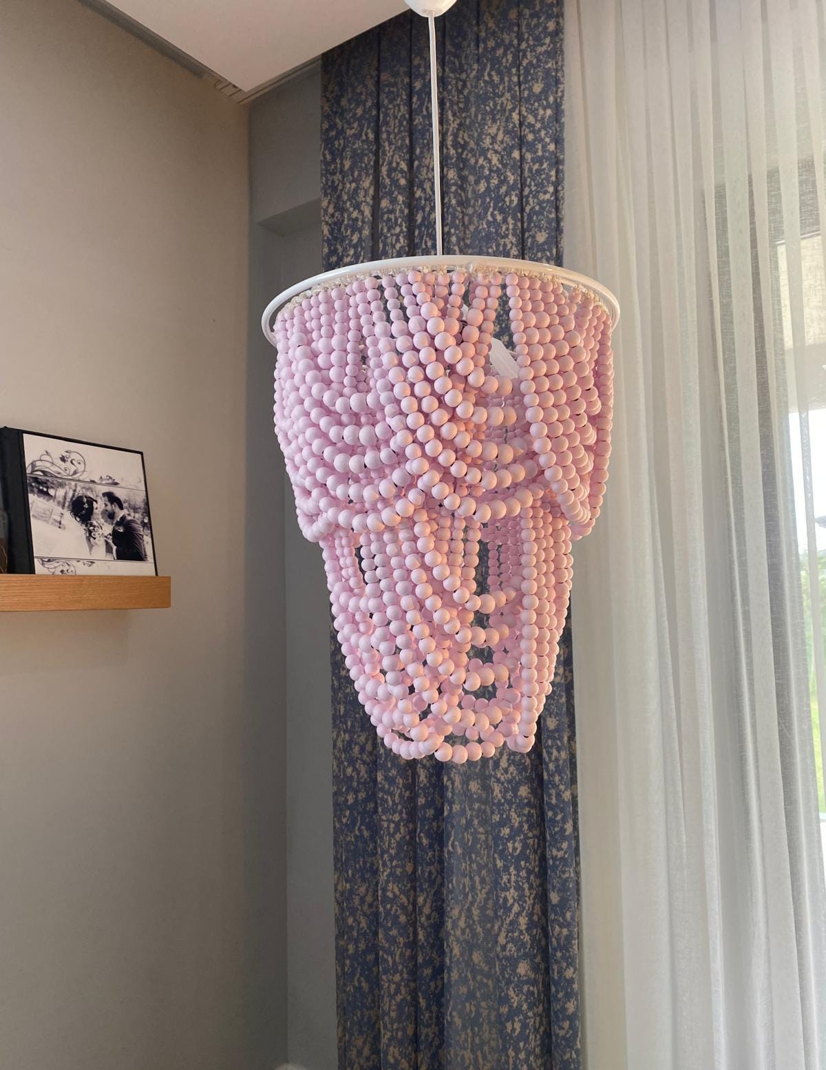 Pink or White Beaded Lighting, Wood Bead Chandelier, Rustic Pendant Light, Farmhouse Light, Nursery Lampshade, Beach House Light,