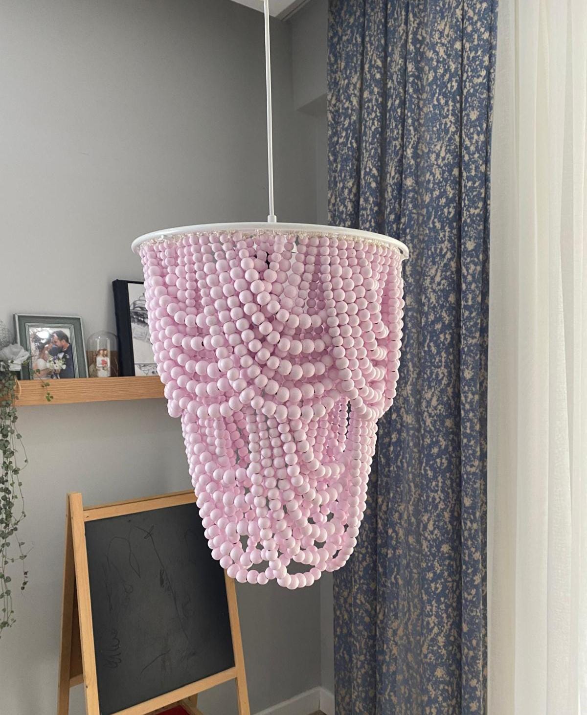 Pink or White Beaded Lighting, Wood Bead Chandelier, Rustic Pendant Light, Farmhouse Light, Nursery Lampshade, Beach House Light,