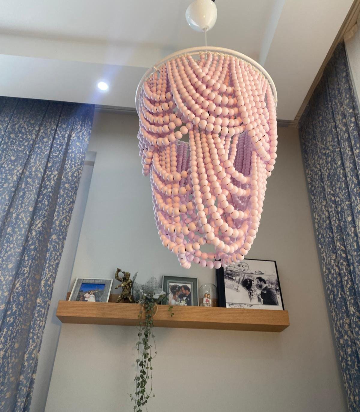 Pink or White Beaded Lighting, Wood Bead Chandelier, Rustic Pendant Light, Farmhouse Light, Nursery Lampshade, Beach House Light,