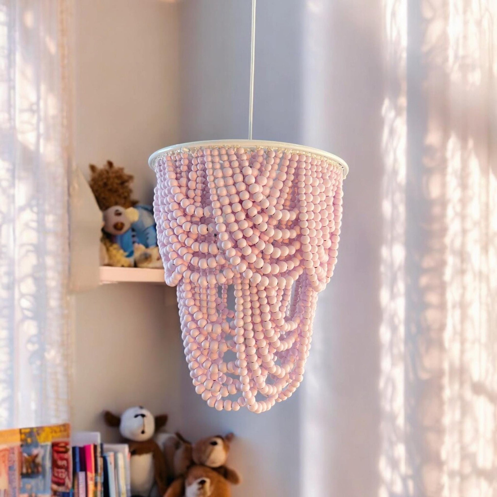 Pink or White Beaded Lighting, Wood Bead Chandelier, Rustic Pendant Light, Farmhouse Light, Nursery Lampshade, Beach House Light,