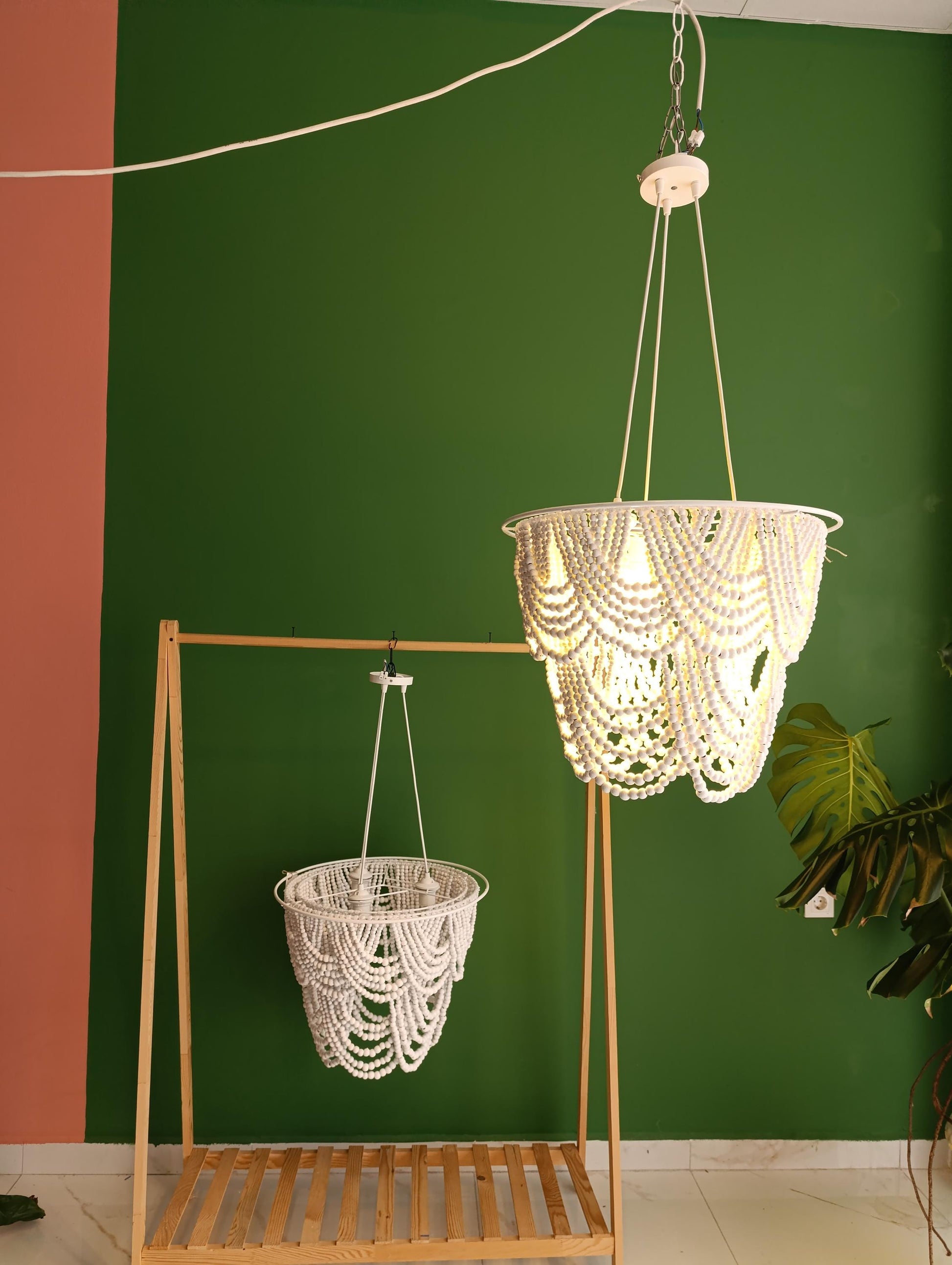 Beaded Chandelier, Wooden Beaded Light, Beach House Decor, Nursery Lampshade, Wooden Bead Decor, Rustic Light Fixture, Modern Boho Light,