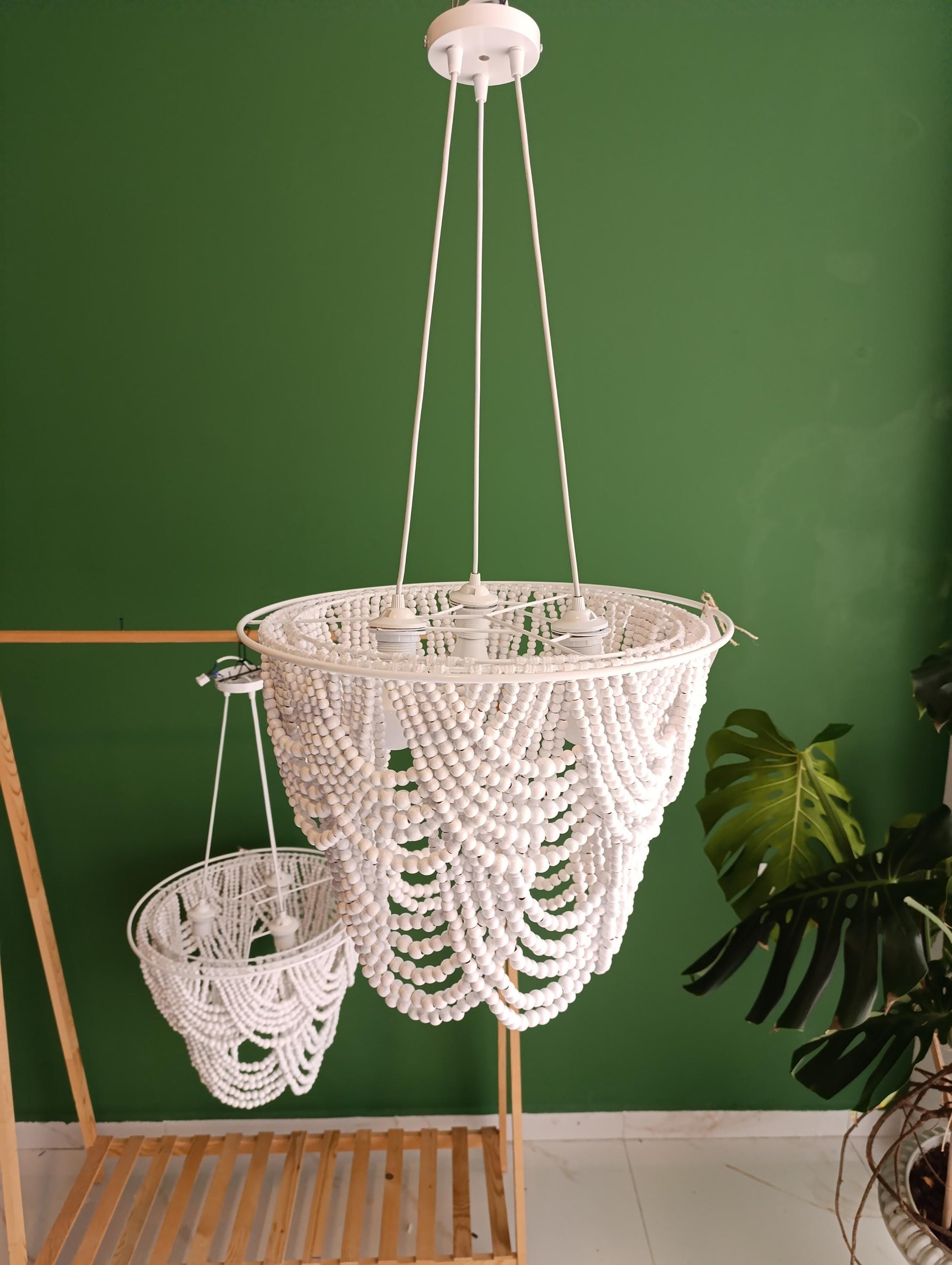 Beaded Chandelier, Wooden Beaded Light, Beach House Decor, Nursery Lampshade, Wooden Bead Decor, Rustic Light Fixture, Modern Boho Light,