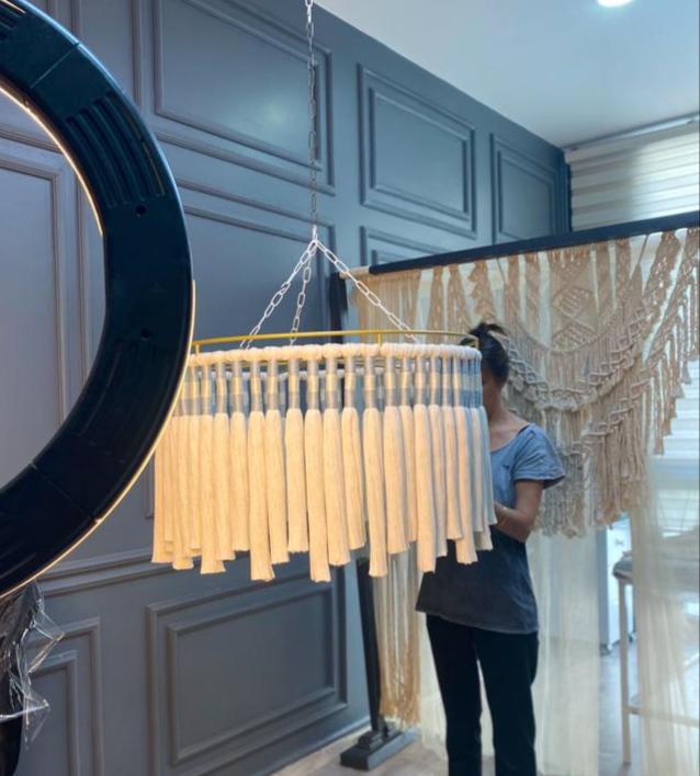 Cotton Tassel Pendant Light, Bohemian Light, Modern Macrame Chandelier, Nursery Lampshade, Modern Boho Decor, Living Room Chandelier,