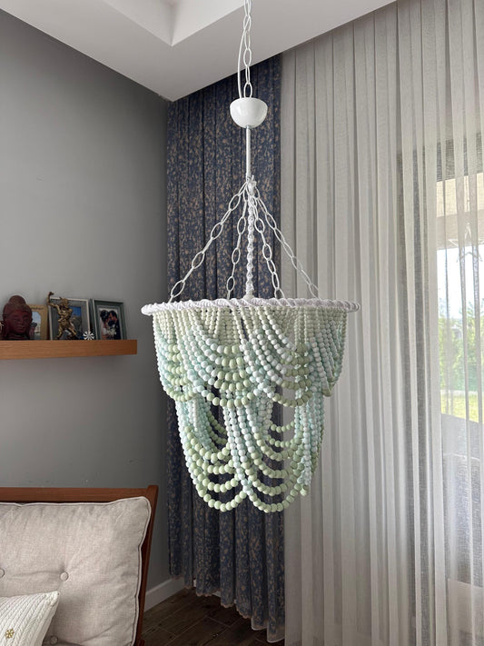 Wooden beaded chandelier in coral colors. Diameter 50 cm living room lighting.