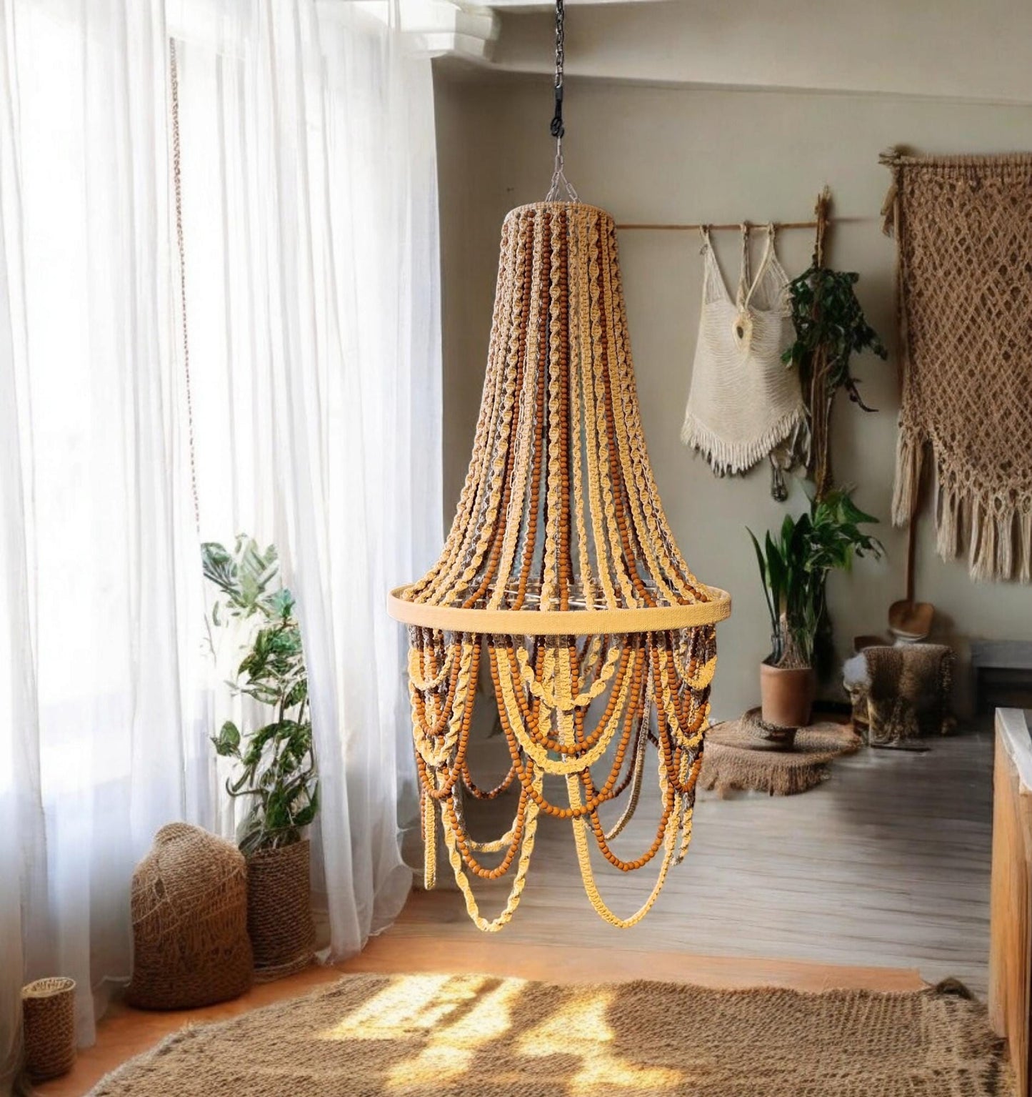 Bohemian Lighting, Rustic Chandelier, Macrame Pendant Light, Modern Living Room Lamp, Large Beaded Light, Farmhouse Light, Housewarming Gift