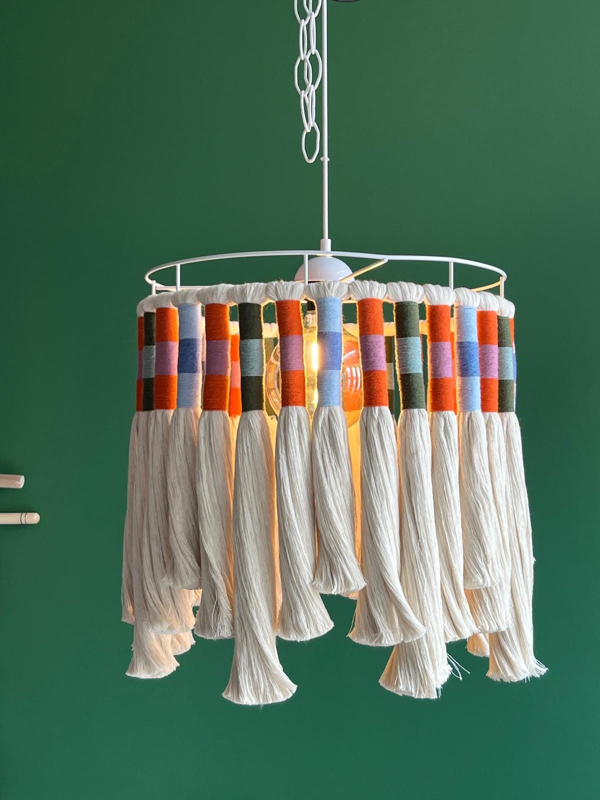 Boho Fringe Lampshade, Baby Room Lamp, Nursery Bohemian Light, Cotton Pendant Light, Woven chandelier, Boho Fixture Light,