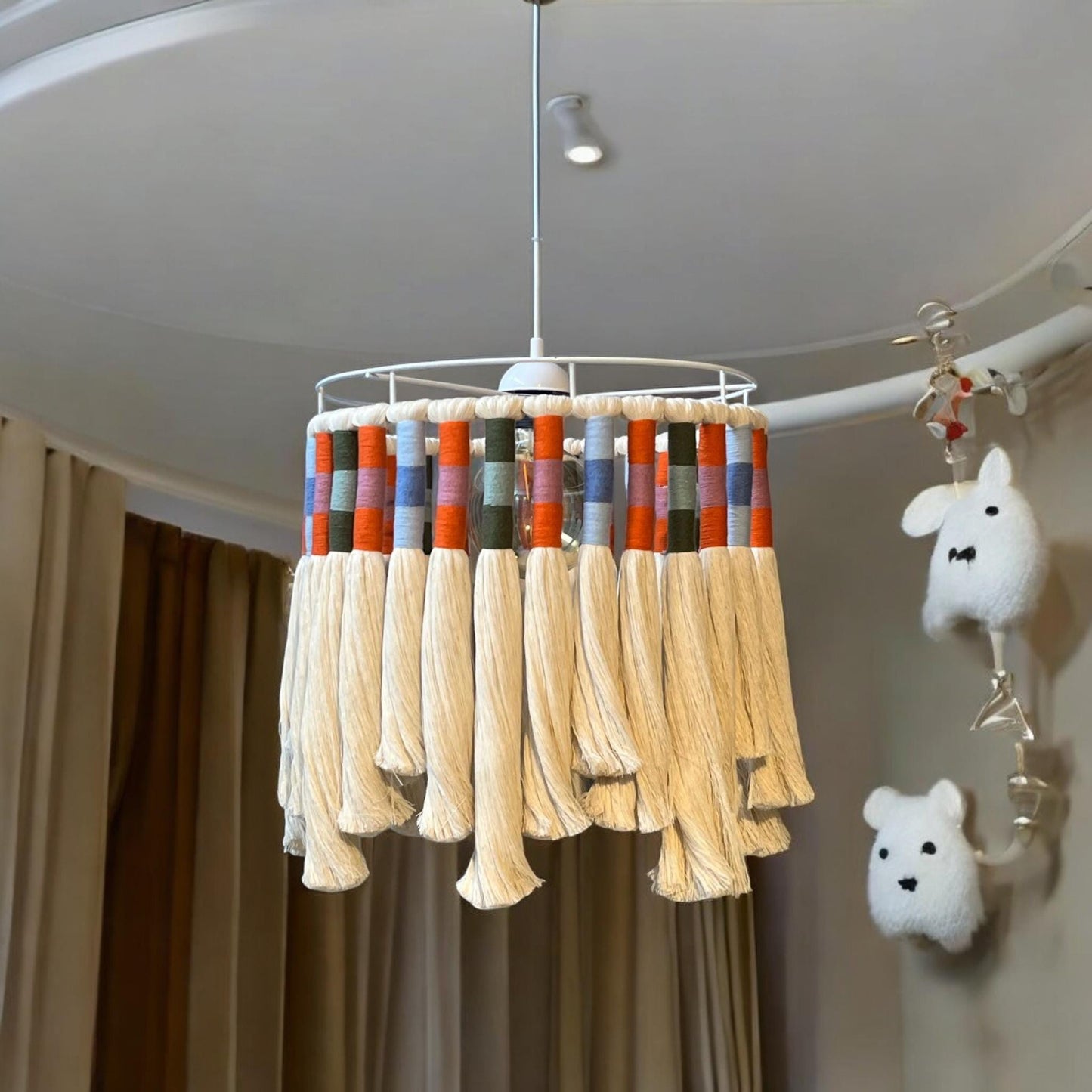 Boho Fringe Lampshade, Baby Room Lamp, Nursery Bohemian Light, Cotton Pendant Light, Woven chandelier, Boho Fixture Light,