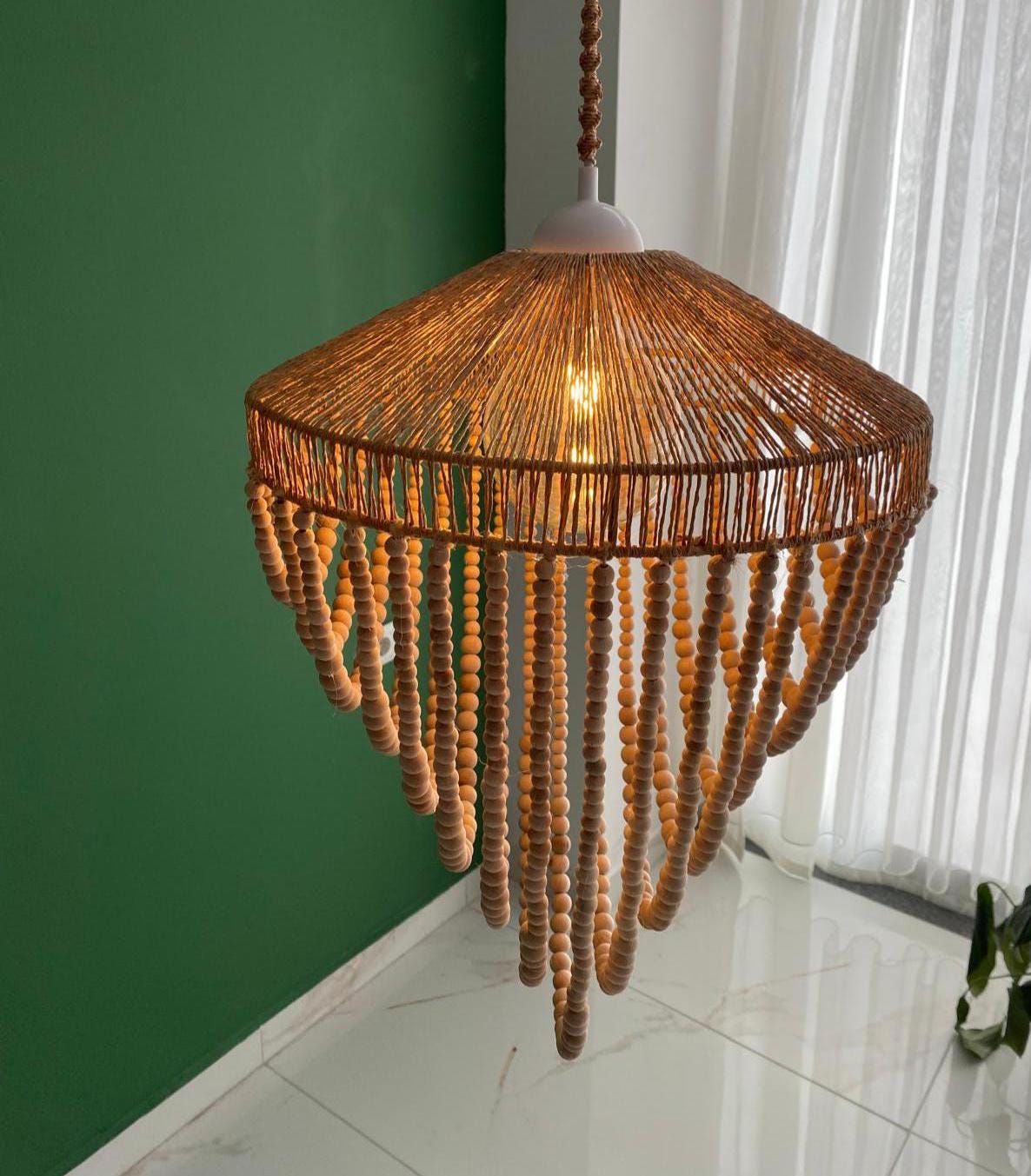 Boho Lighting, Raffia Pendant Light, Beaded Chandelier, Nordic Style Light, Nursery Lampshade, Kids and Living Room Light, Boho Home Decor