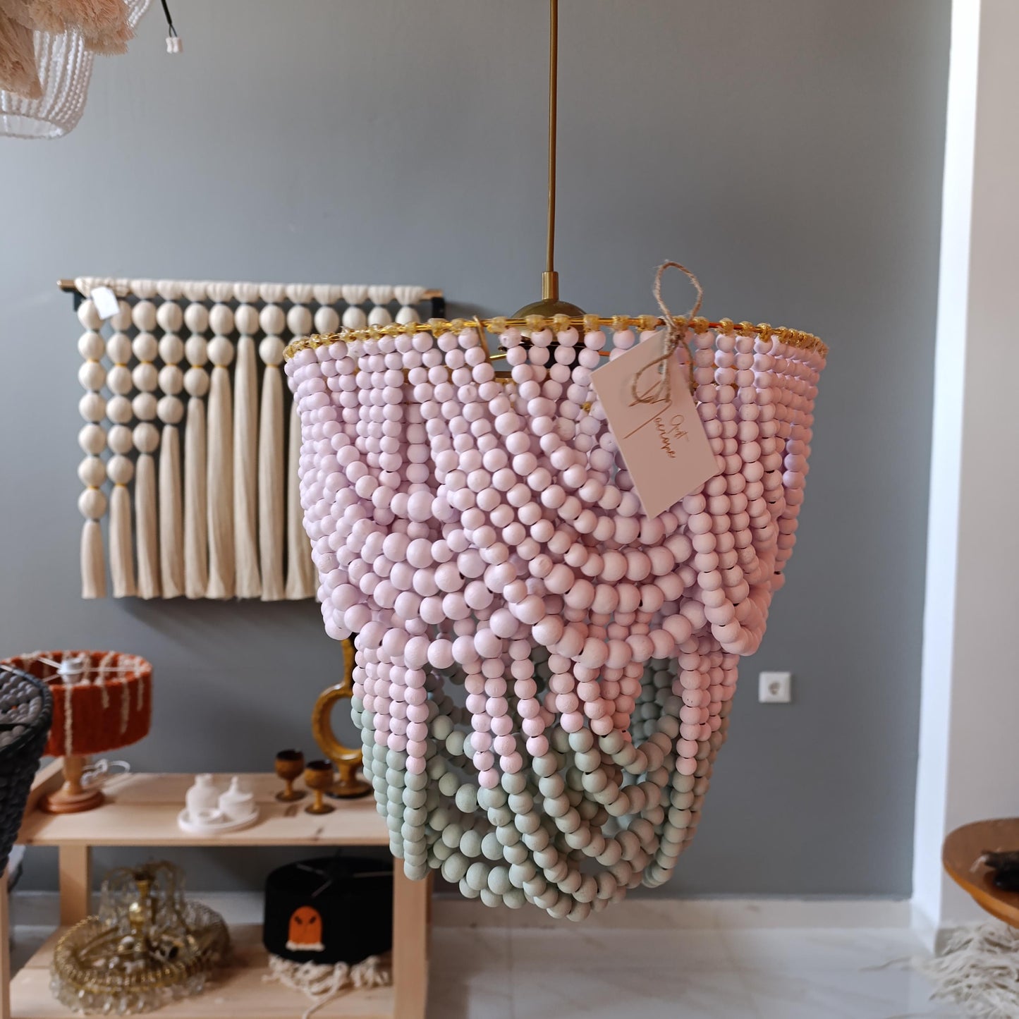 Pink Beaded Lighting, Baby Girl Room Lighting, Baby Shower Decor, Nursery Lampshade, Rustic Chandelier, Beach House Decor, Farmhouse Light