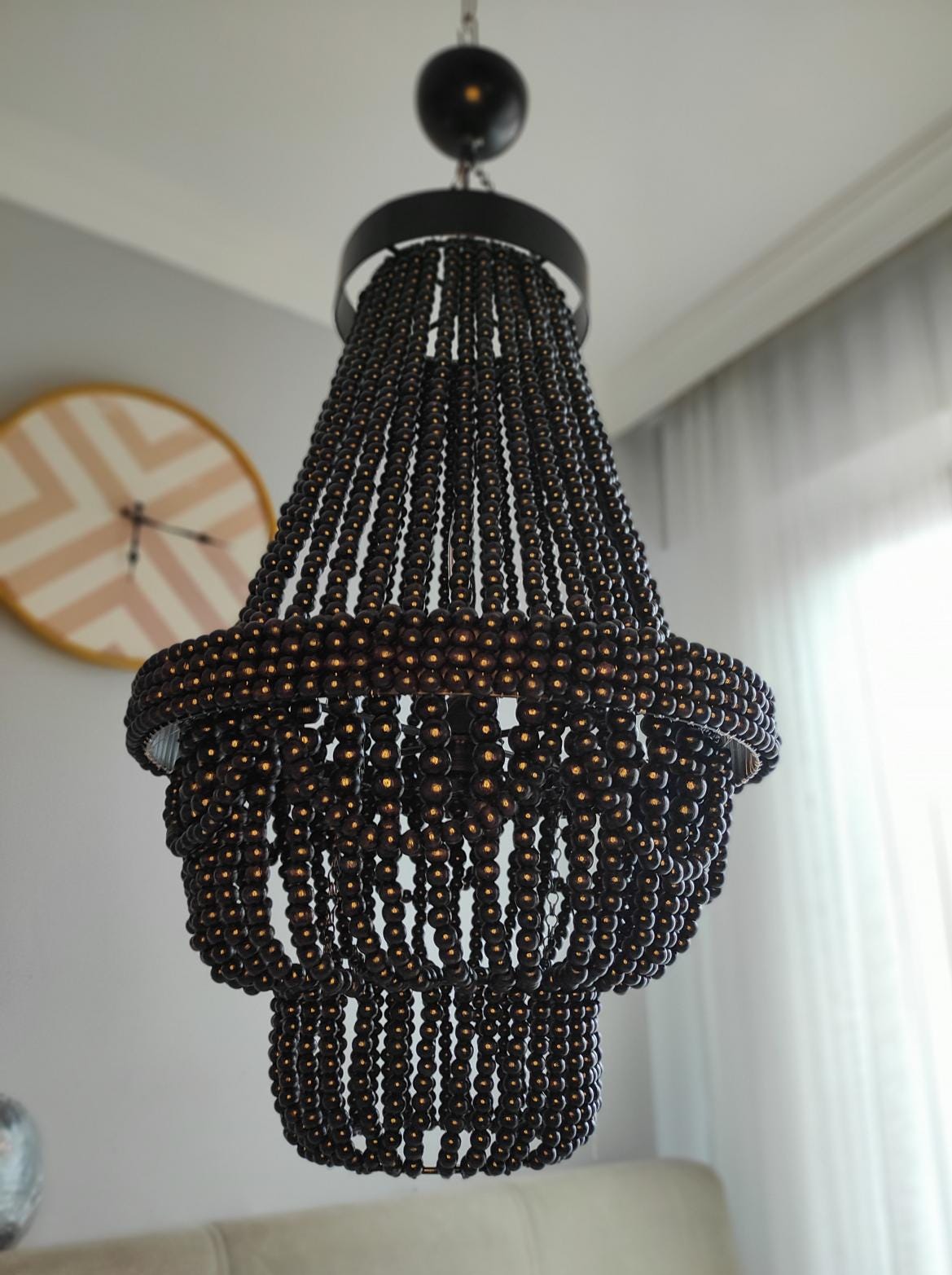 Black Wooden Beaded Chandelier, Beaded Pendant Lamp, Wooden Beaded Lİght ,Living Room Chandelier, Nursery Lampshade, Macrame Pendant Light,