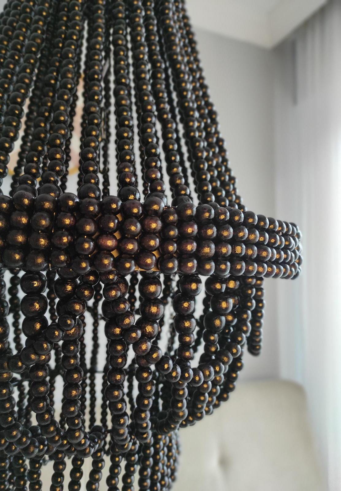 Black Wooden Beaded Chandelier, Beaded Pendant Lamp, Wooden Beaded Lİght ,Living Room Chandelier, Nursery Lampshade, Macrame Pendant Light,