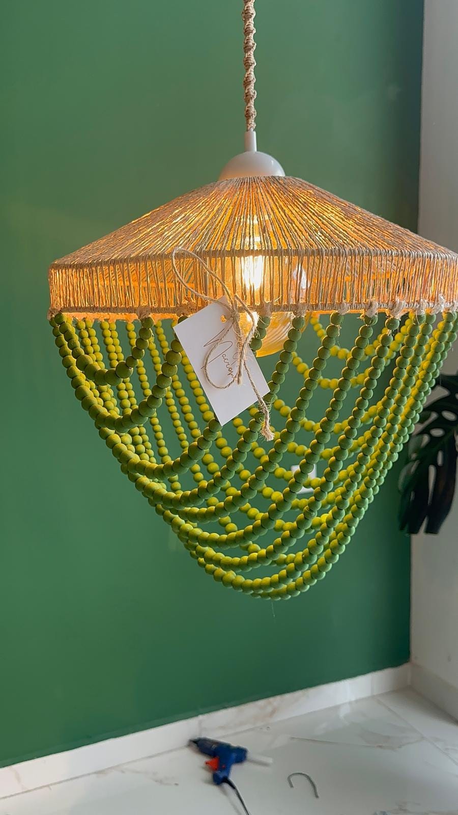 Boho Lighting, Raffia Pendant Light, Beaded Chandelier, Nordic Style Light, Nursery Lampshade, Kids and Living Room Light, Boho Home Decor