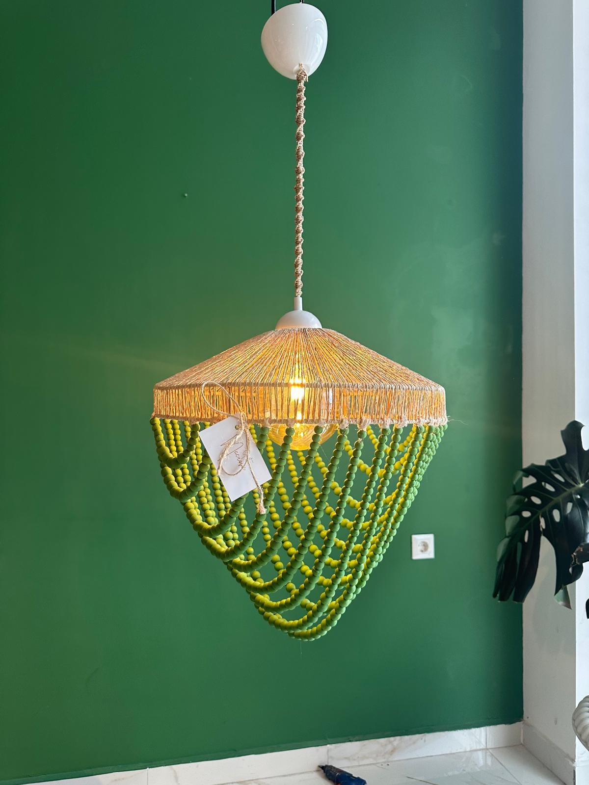 Boho Lighting, Raffia Pendant Light, Beaded Chandelier, Nordic Style Light, Nursery Lampshade, Kids and Living Room Light, Boho Home Decor