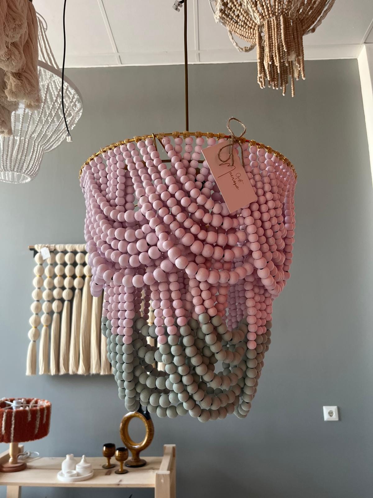 Pink Beaded Lighting, Baby Girl Room Lighting, Baby Shower Decor, Nursery Lampshade, Rustic Chandelier, Beach House Decor, Farmhouse Light