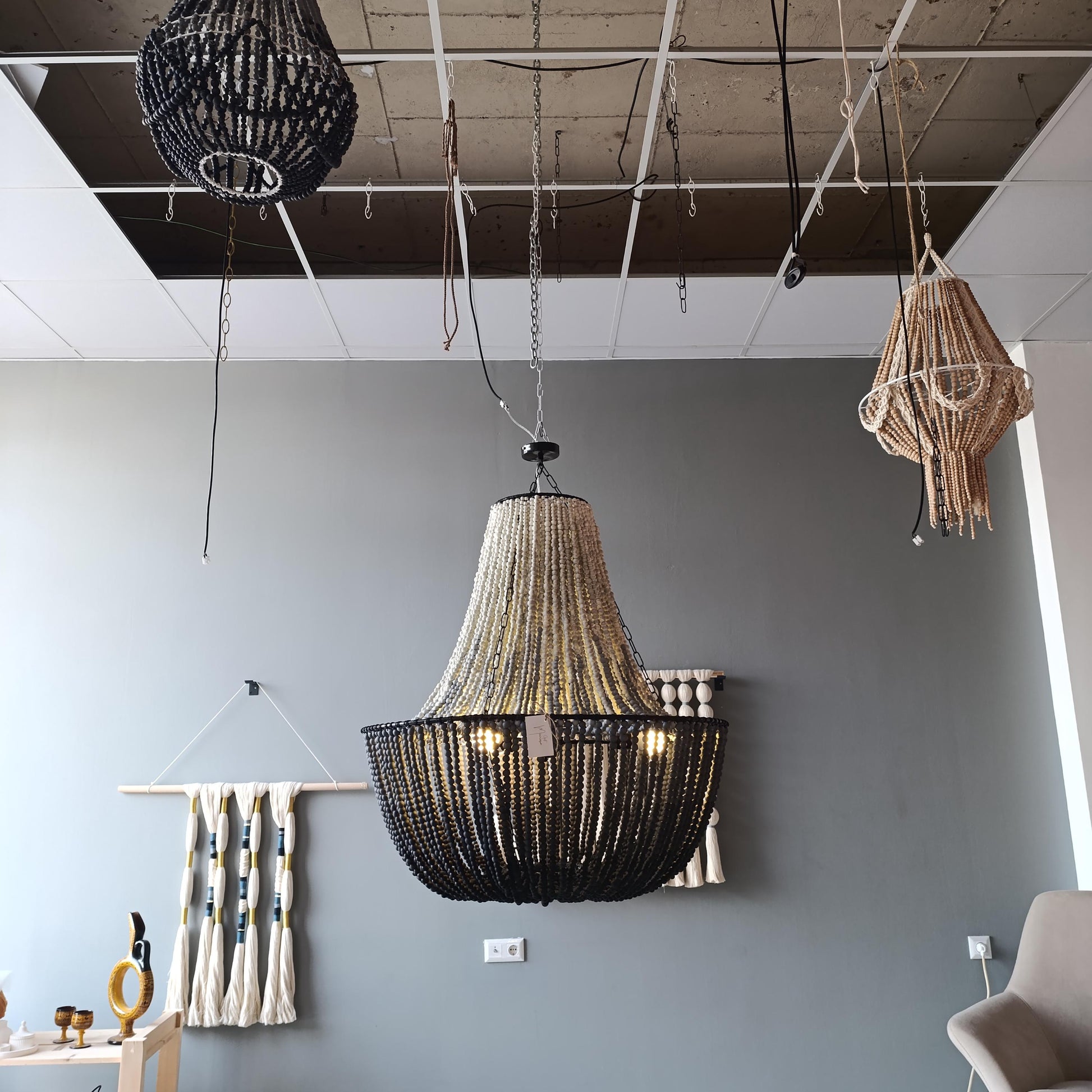 Black Beaded Chandelier, Large Boho Light Fixture, Dining Room Pendant Light, Rustic Farmhouse Lighting, Statement Ceiling Lamp,