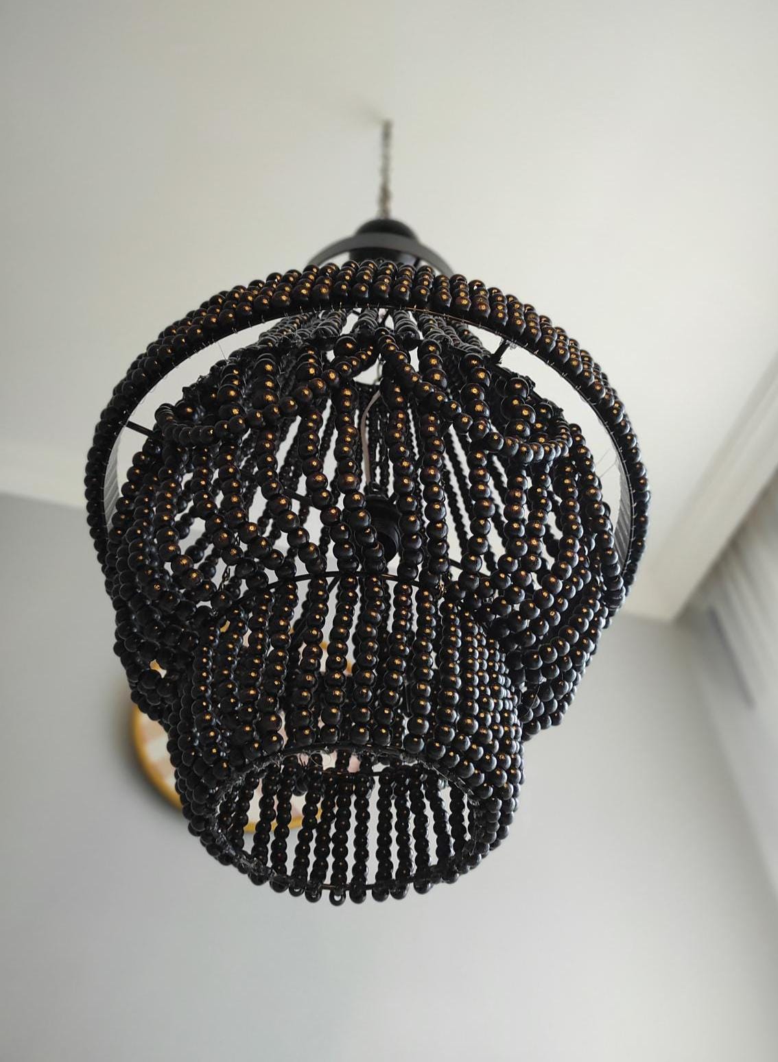 Black Wooden Beaded Chandelier, Beaded Pendant Lamp, Wooden Beaded Lİght ,Living Room Chandelier, Nursery Lampshade, Macrame Pendant Light,