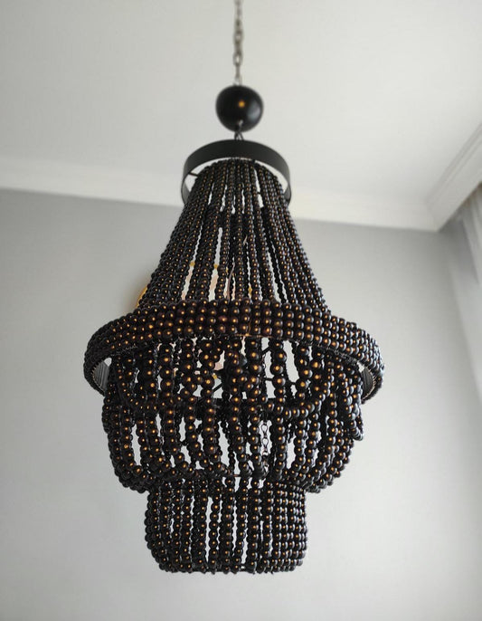 Black Wooden Beaded Chandelier, Beaded Pendant Lamp, Wooden Beaded Lİght ,Living Room Chandelier, Nursery Lampshade, Macrame Pendant Light,