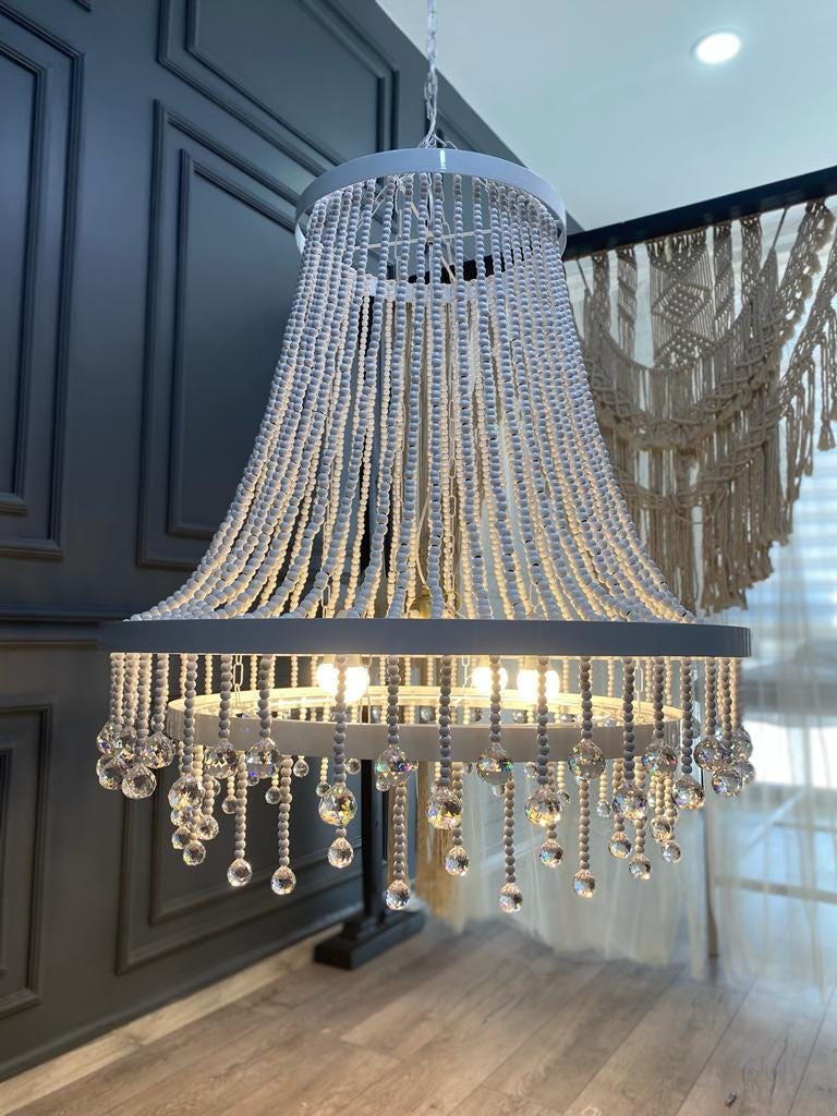 Boho Nursery Chandelier – White Wooden Beads and Crystal Drops for Girls Bedroom or Baby Room - Modern Living Room Lighting