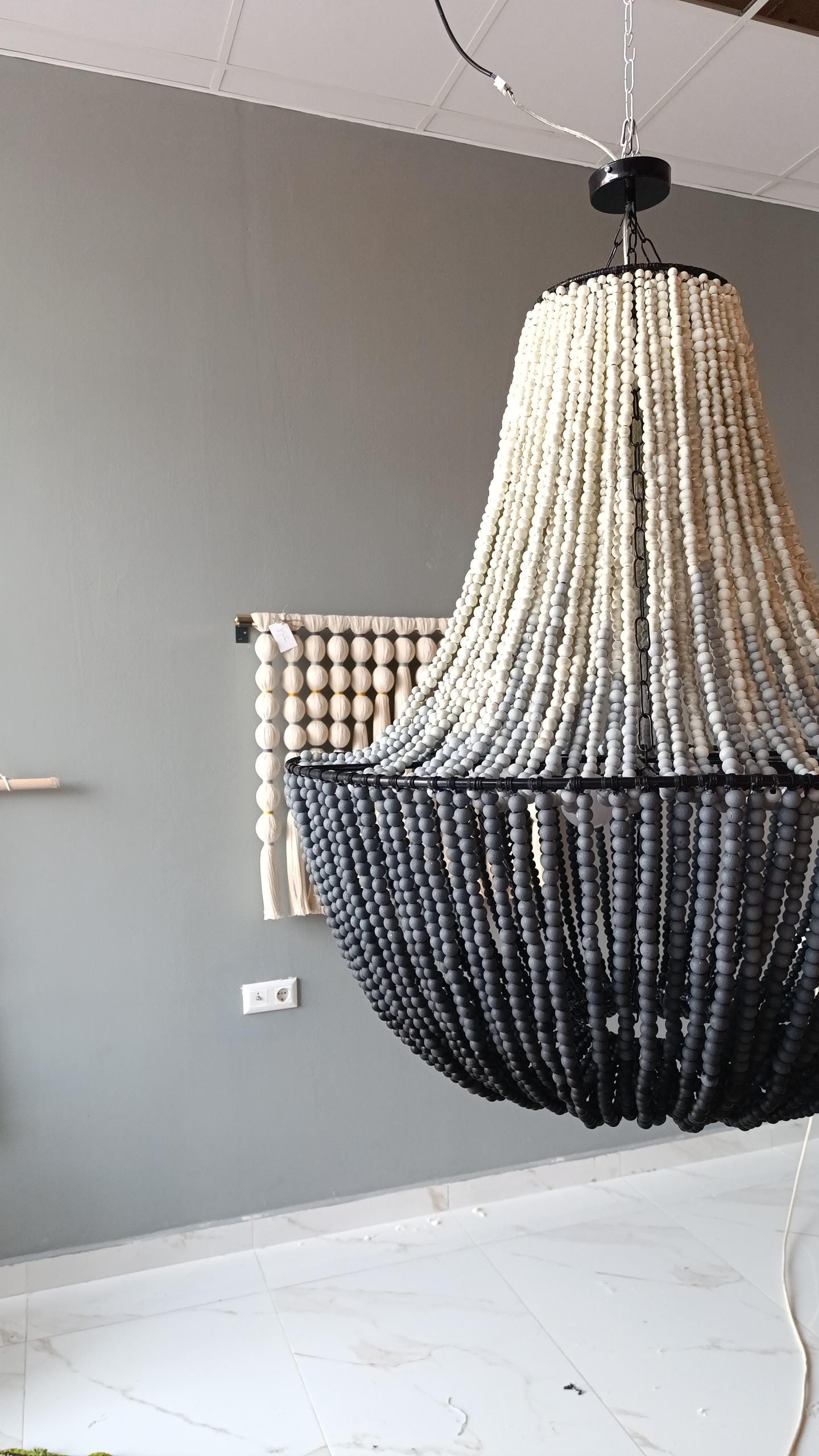 Black Beaded Chandelier, Large Boho Light Fixture, Dining Room Pendant Light, Rustic Farmhouse Lighting, Statement Ceiling Lamp,