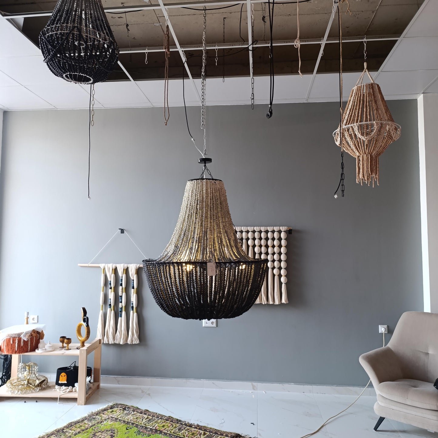 Black Beaded Chandelier, Large Boho Light Fixture, Dining Room Pendant Light, Rustic Farmhouse Lighting, Statement Ceiling Lamp,