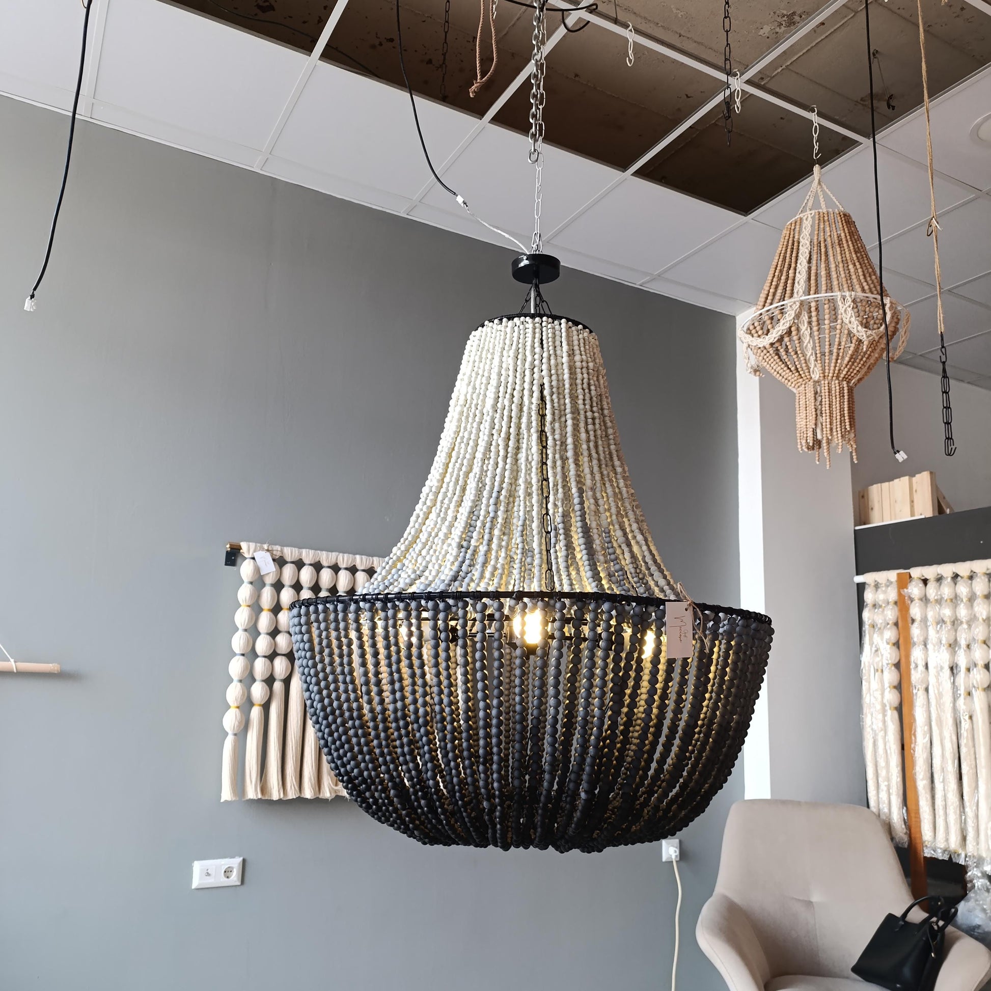 Black Beaded Chandelier, Large Boho Light Fixture, Dining Room Pendant Light, Rustic Farmhouse Lighting, Statement Ceiling Lamp,