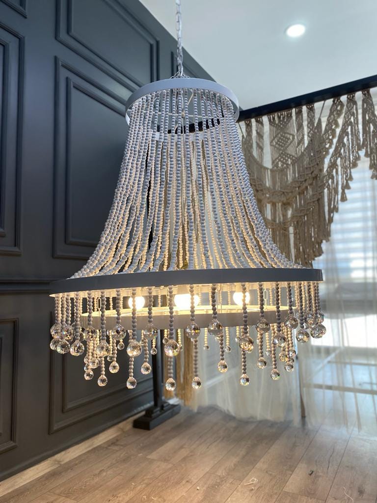 Boho Nursery Chandelier – White Wooden Beads and Crystal Drops for Girls Bedroom or Baby Room - Modern Living Room Lighting