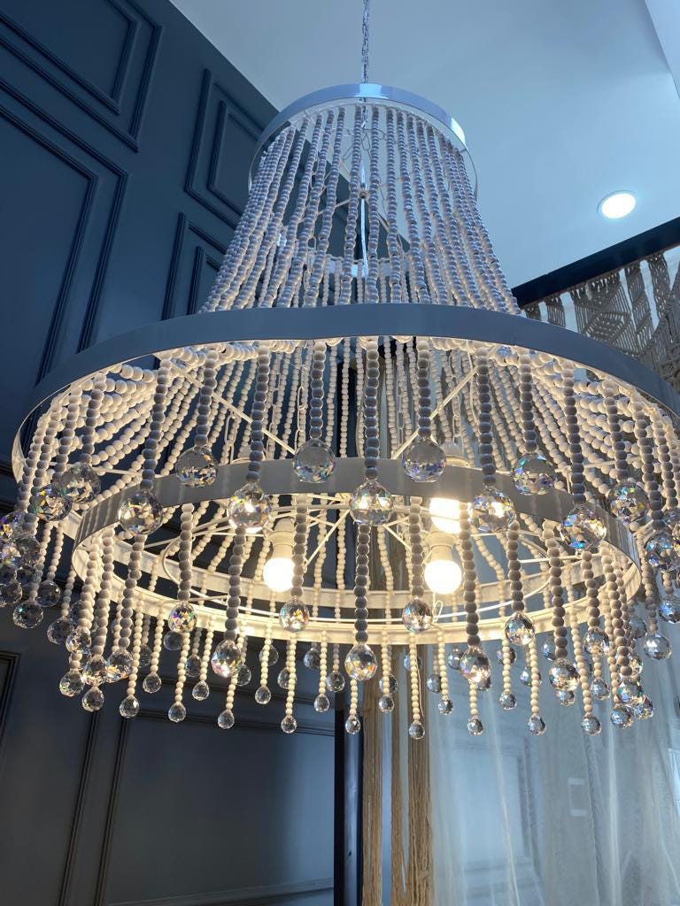 Boho Nursery Chandelier – White Wooden Beads and Crystal Drops for Girls Bedroom or Baby Room - Modern Living Room Lighting