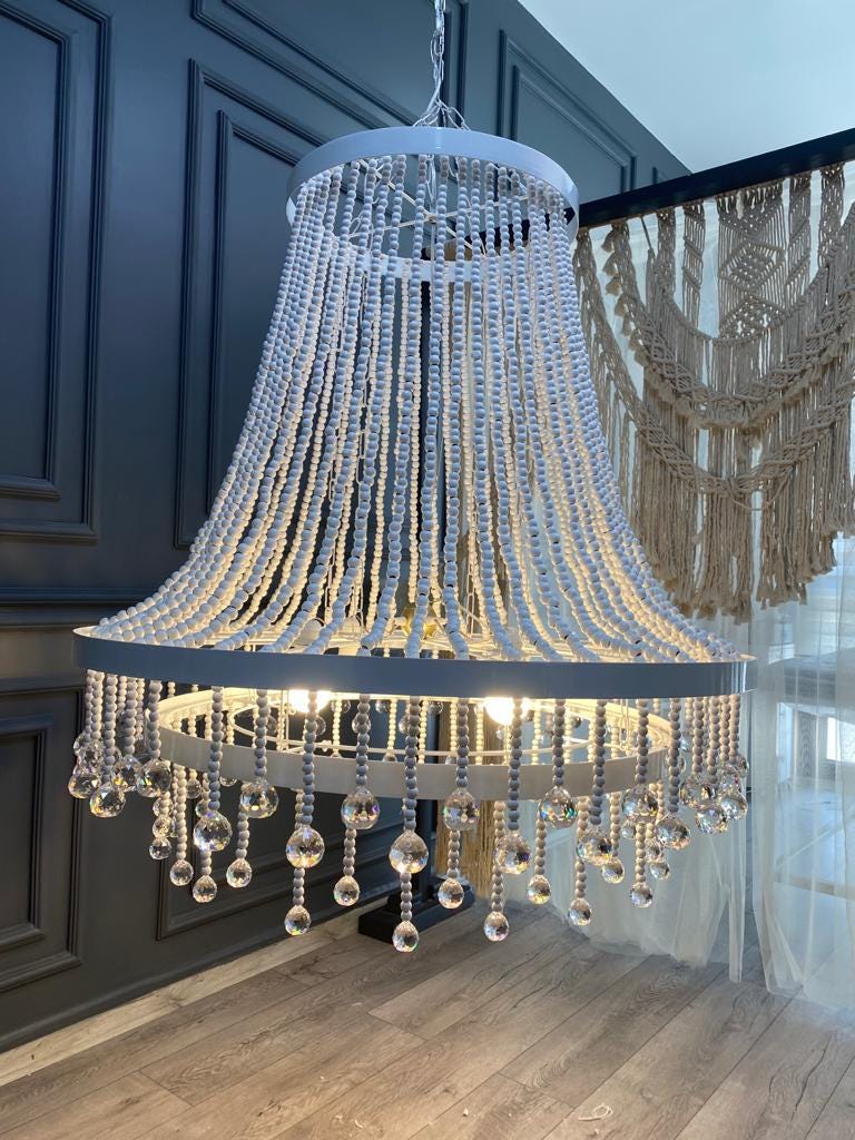 Boho Nursery Chandelier – White Wooden Beads and Crystal Drops for Girls Bedroom or Baby Room - Modern Living Room Lighting