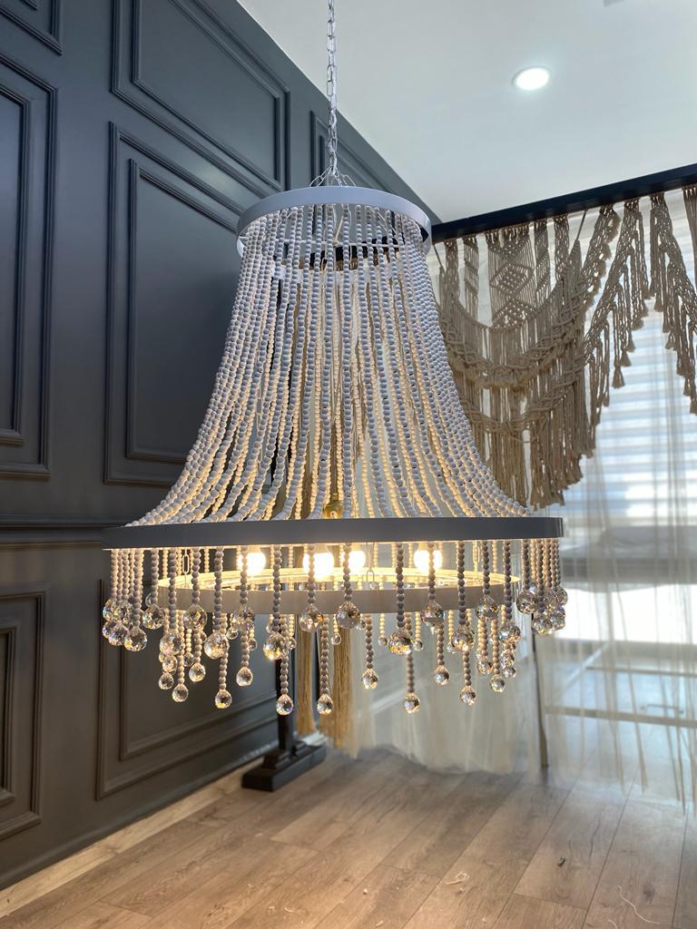 Boho Nursery Chandelier – White Wooden Beads and Crystal Drops for Girls Bedroom or Baby Room - Modern Living Room Lighting