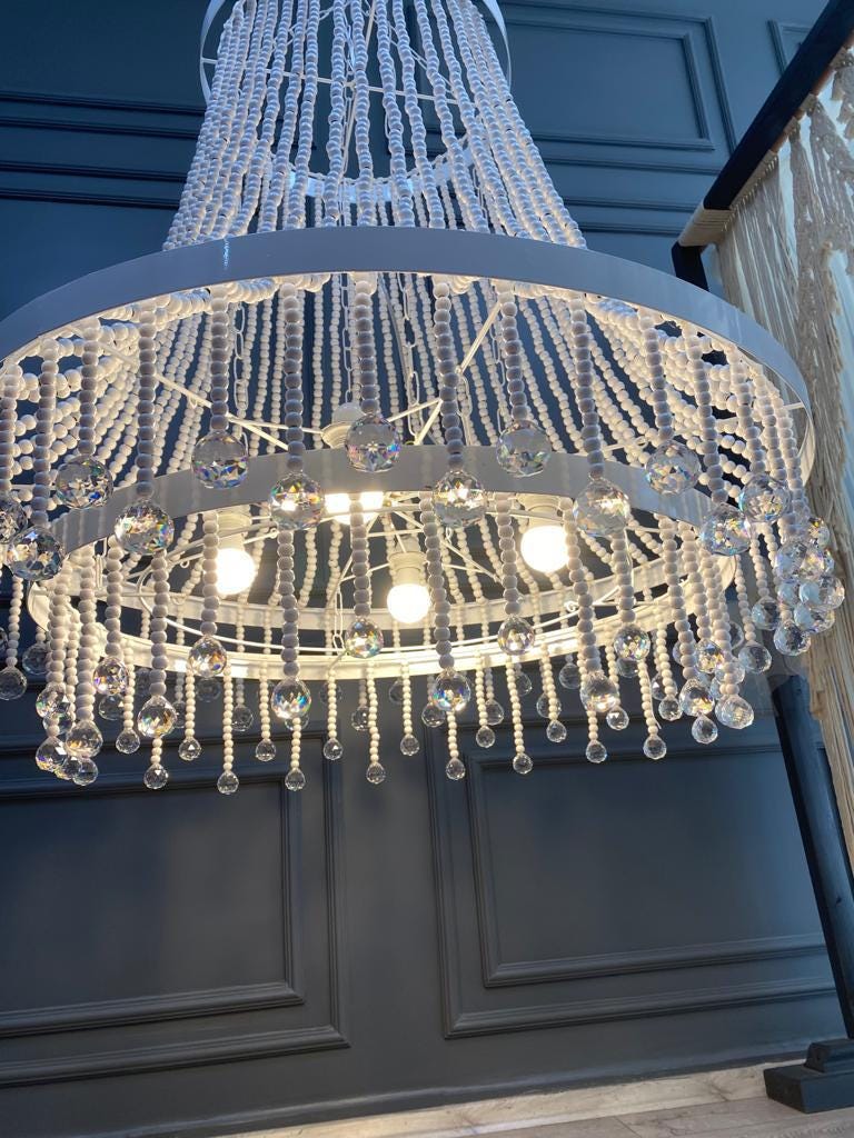 Boho Nursery Chandelier – White Wooden Beads and Crystal Drops for Girls Bedroom or Baby Room - Modern Living Room Lighting