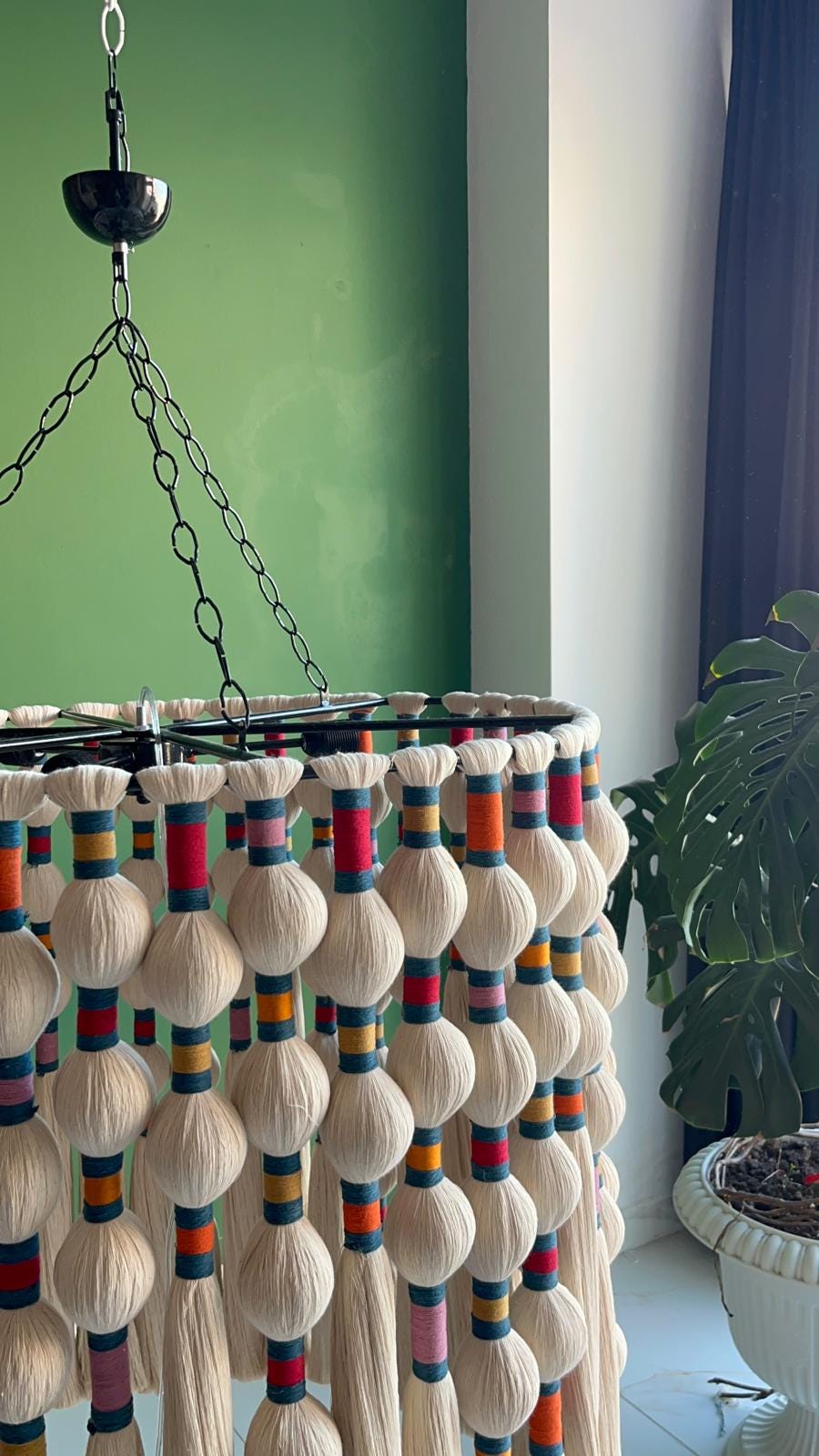 Large Boho Chandelier, Handwoven Cotton Tassel Light, Custom Gobelin Pendant for Hotel Lobby or Statenebt Light, Boho Fringe Pendant Light,