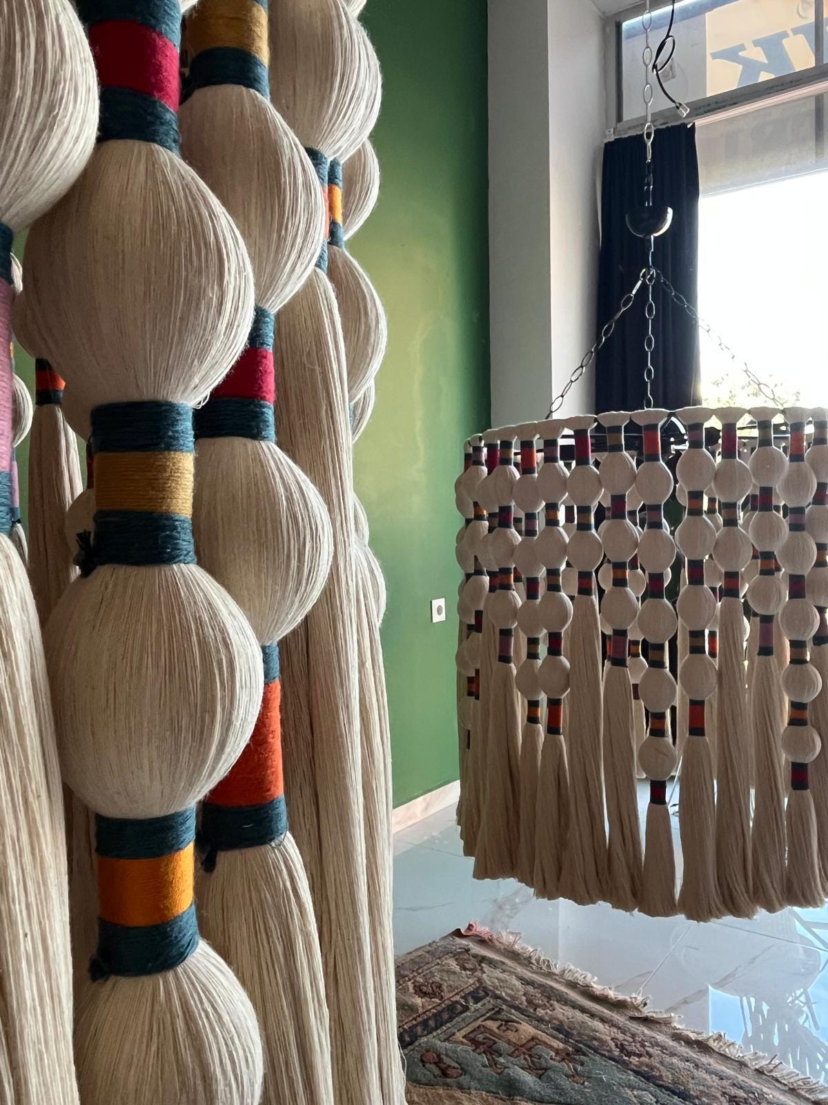 Large Boho Chandelier, Handwoven Cotton Tassel Light, Custom Gobelin Pendant for Hotel Lobby or Statenebt Light, Boho Fringe Pendant Light,