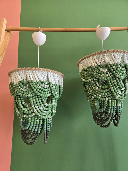 Green Ombre Beaded Chandelier, Hand-Painted Wooden Pendant Light, Modern Boho Lighting, Wooden Beaded Chandelier, Macrame Light Fixture,
