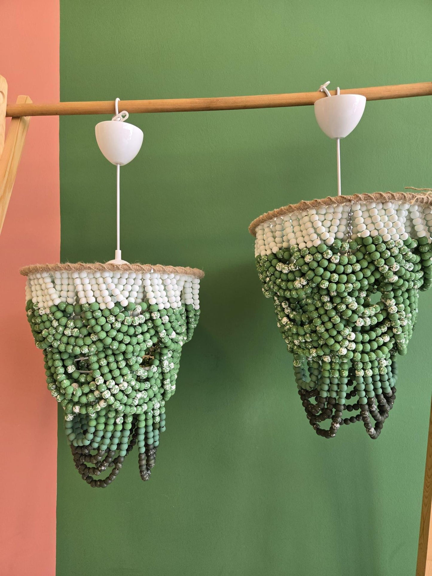 Green Ombre Beaded Chandelier, Hand-Painted Wooden Pendant Light, Modern Boho Lighting, Wooden Beaded Chandelier, Macrame Light Fixture,