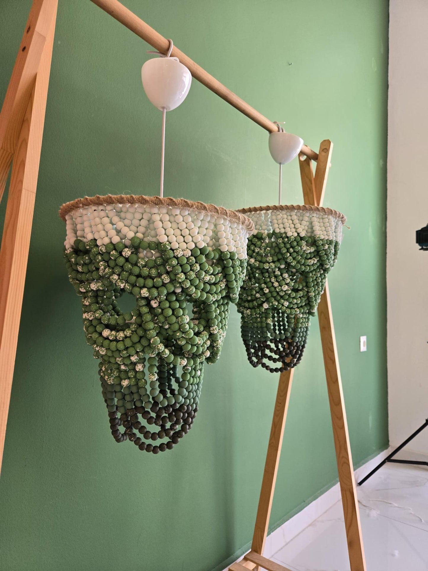 Green Ombre Beaded Chandelier, Hand-Painted Wooden Pendant Light, Modern Boho Lighting, Wooden Beaded Chandelier, Macrame Light Fixture,