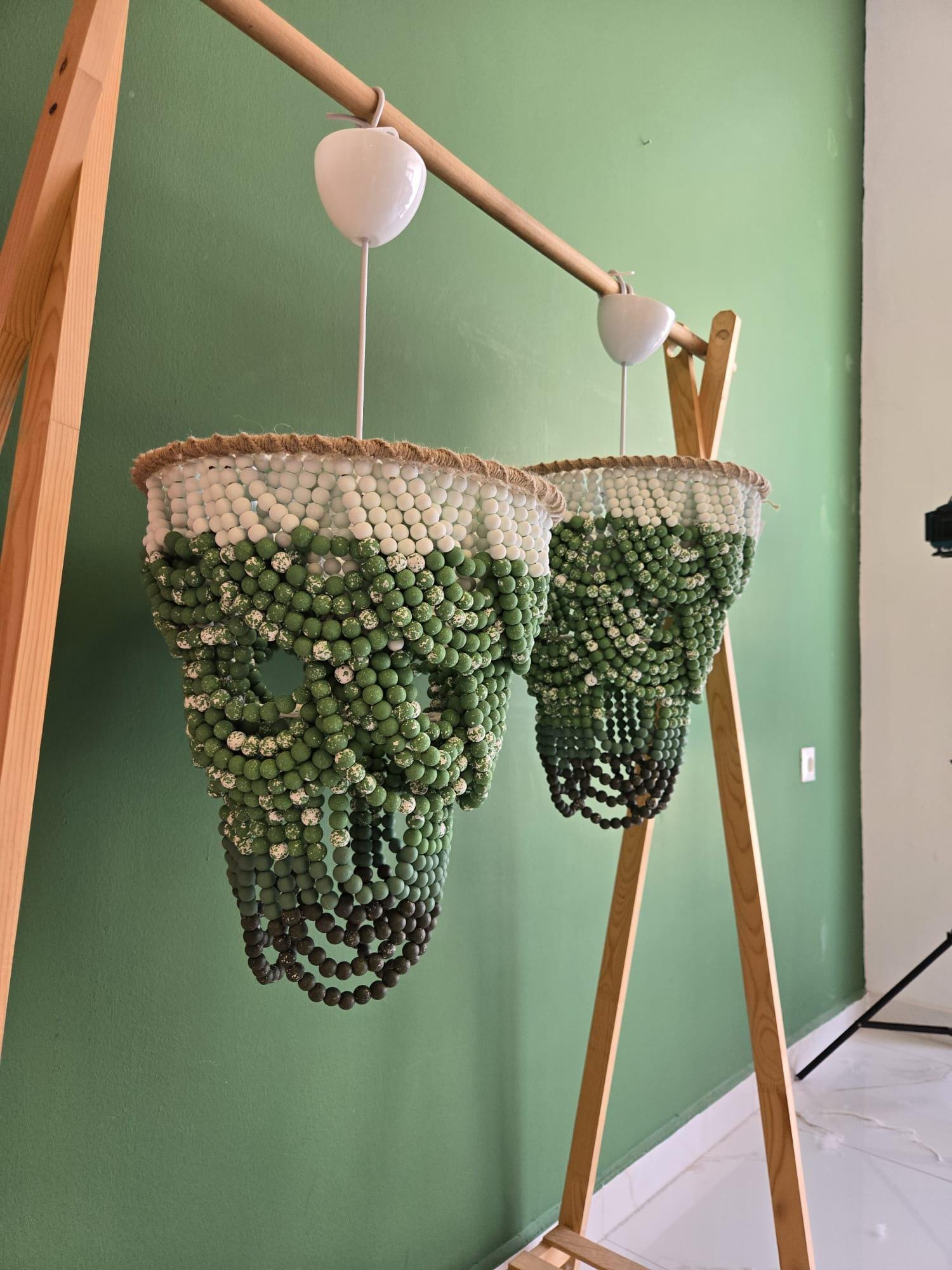 Green Ombre Beaded Chandelier, Hand-Painted Wooden Pendant Light, Modern Boho Lighting, Wooden Beaded Chandelier, Macrame Light Fixture,